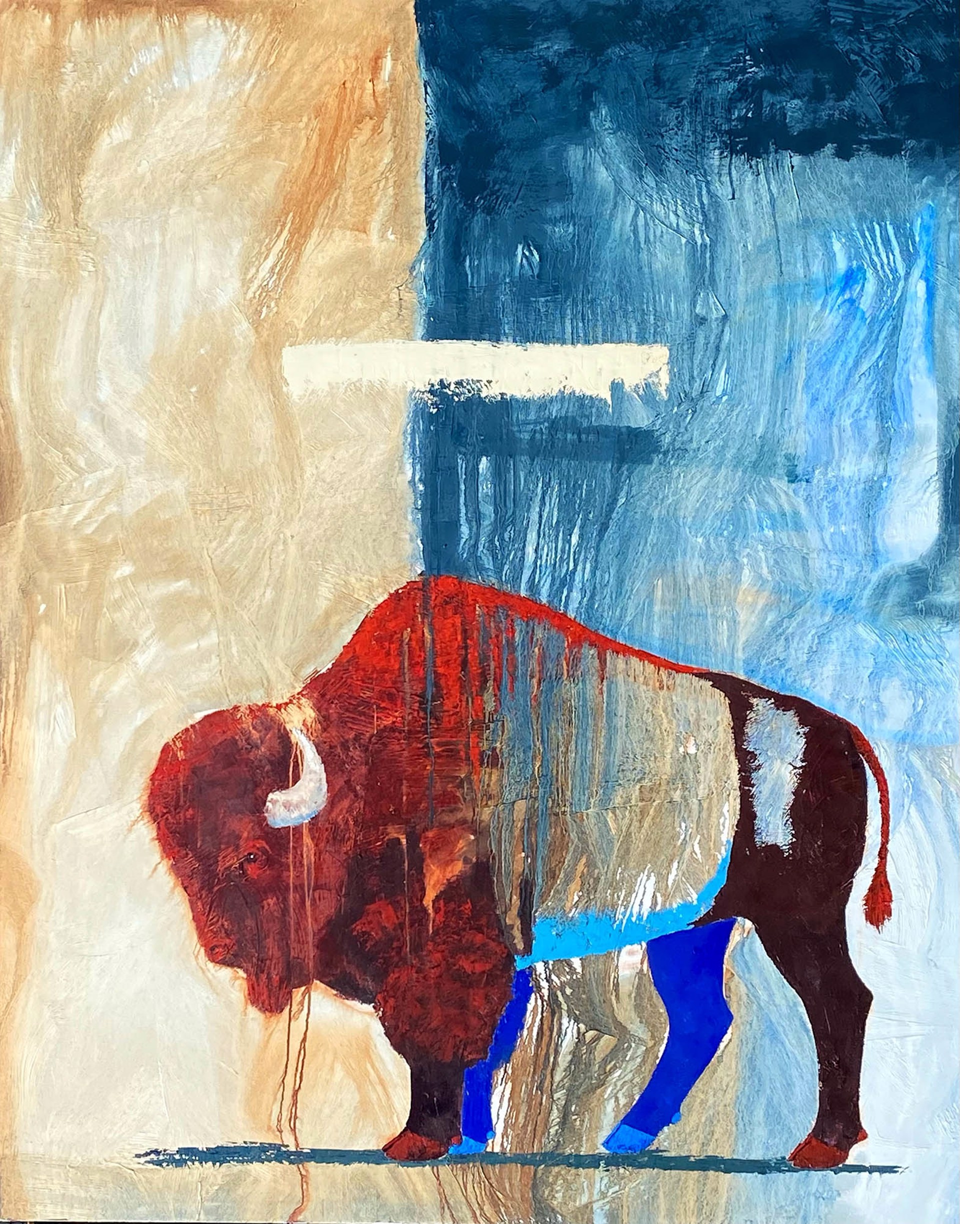 Original Oil Painting Featuring A Walking Bison In Red White And Blue Over Split Color Block Background