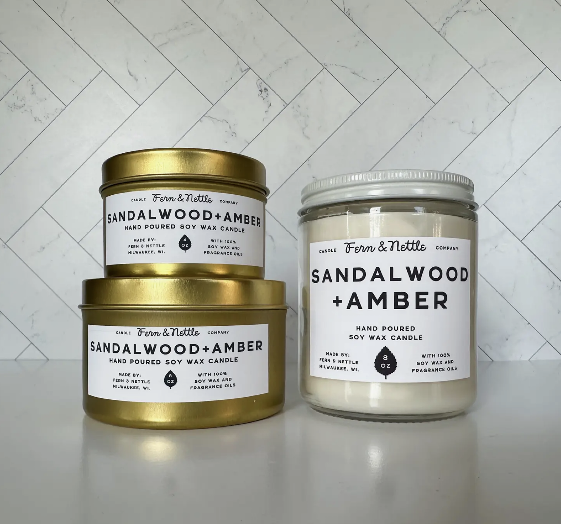 8 oz. Sandalwood + Amber Soy Wax Candle by Fern & Nettle