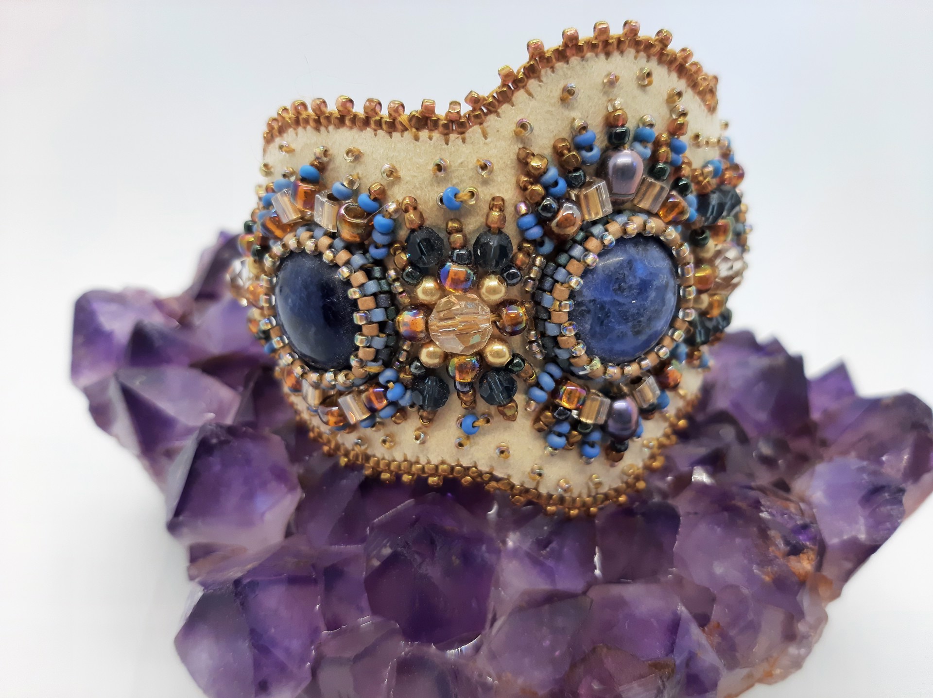 BG 322 - Buckskin Blues Cuff- Sodalite cabochons, Swarovski crystals, freshwater pearls, glass beads on Ultasuede Sz 7" by Beverly Gholson
