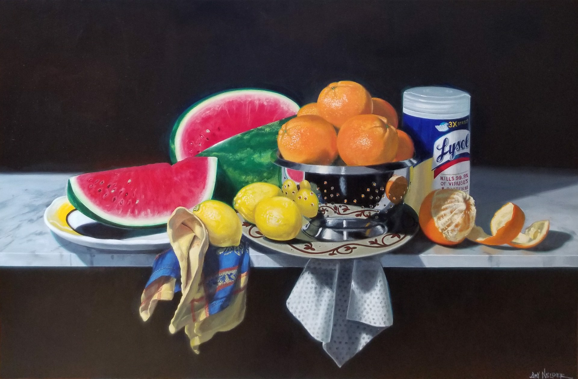 Disinfecting station (Traditional still life with watermelon, citrus and Lysol), Spring 2020 by Amy Nelder