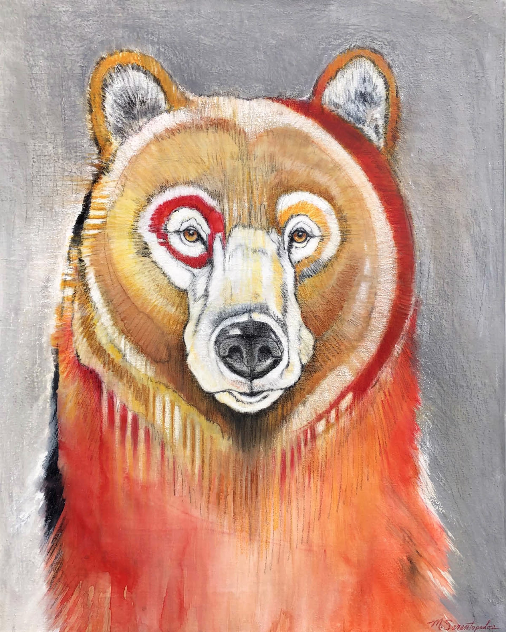 Original Mixed Media Painting Featuring A Bear Portrait In Reds Over Abstract Gray Background