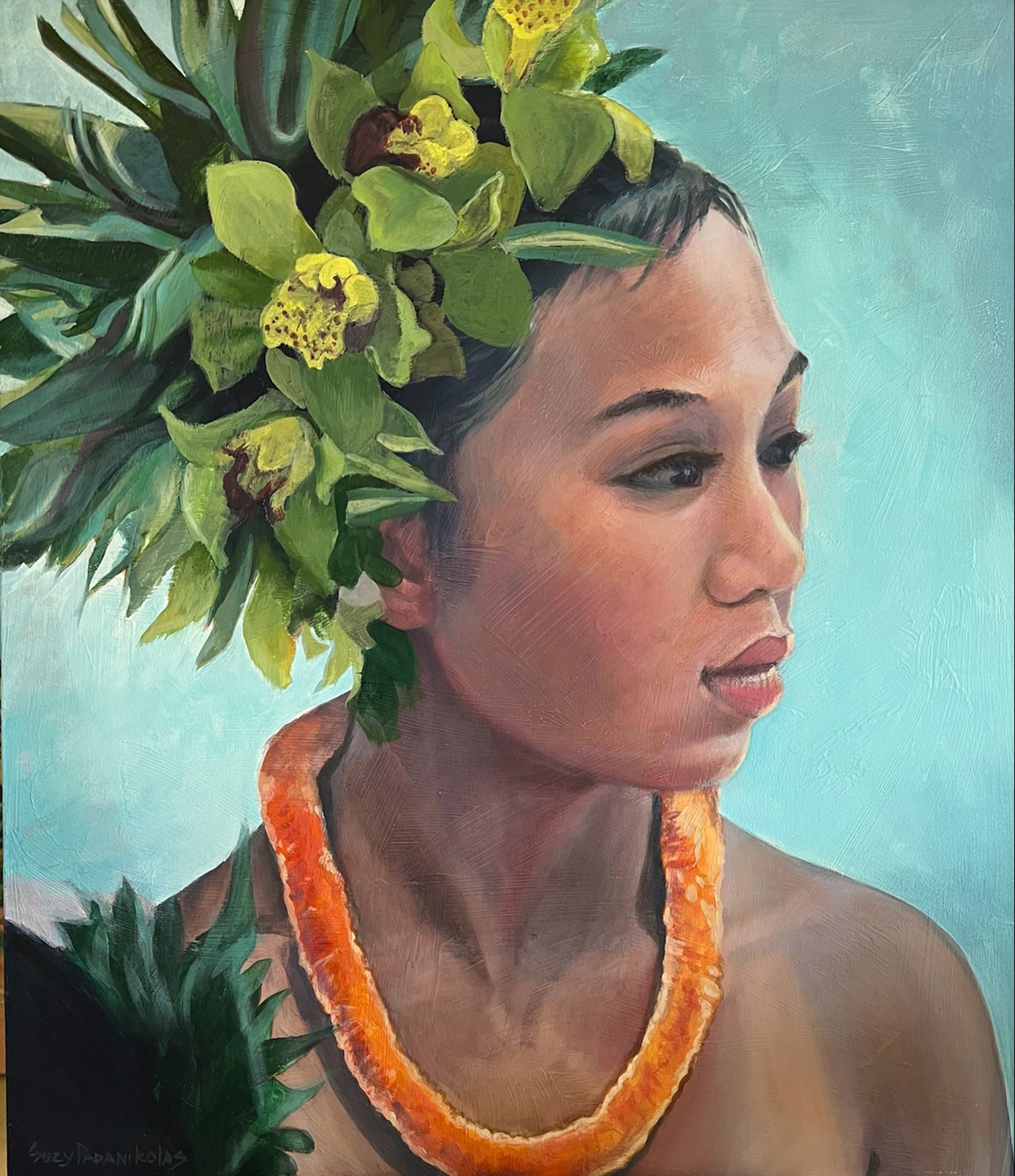 Dancer with Silk Lei and Yellow Orchids by Suzy Papanikolas