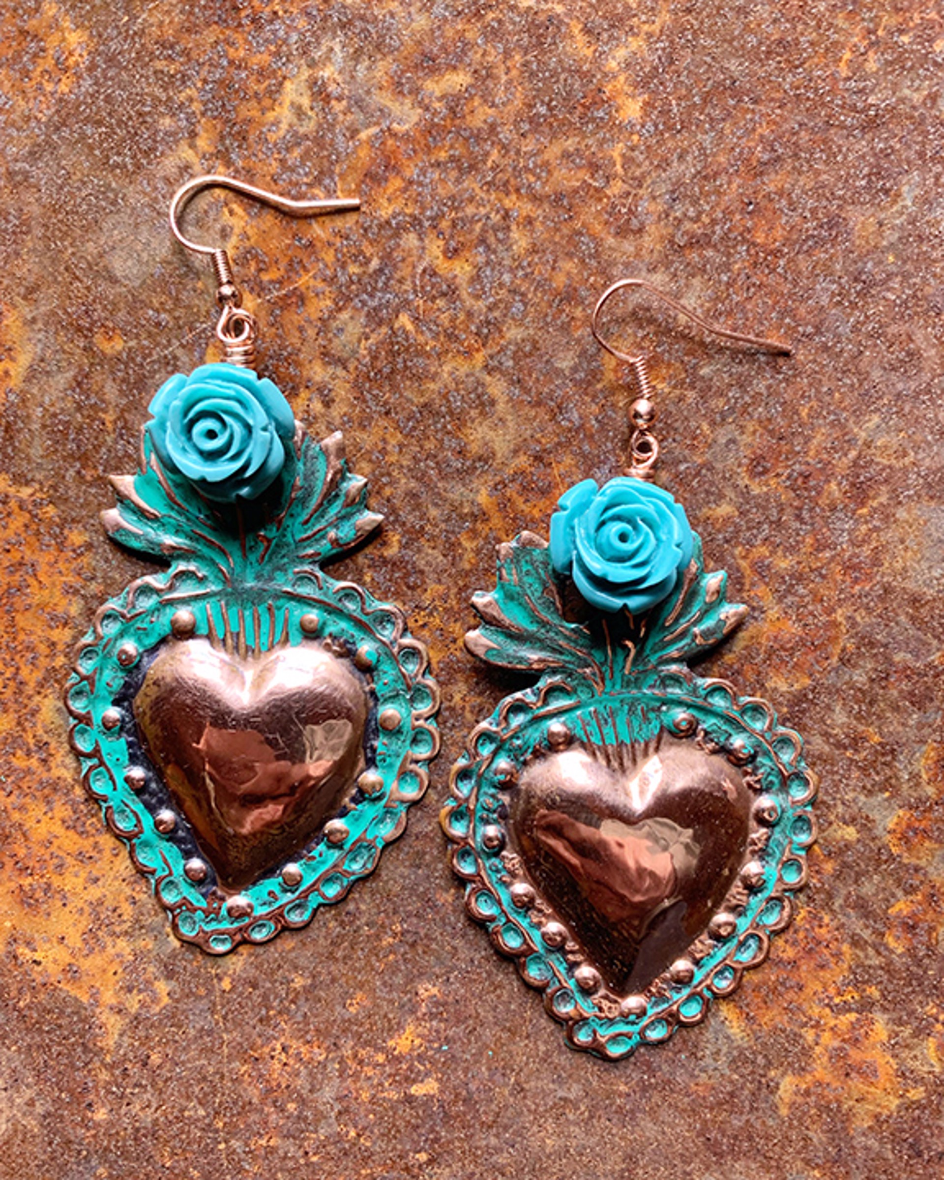 K724 Sacred Heart Earrings with Turquoise Roses by Kelly Ormsby