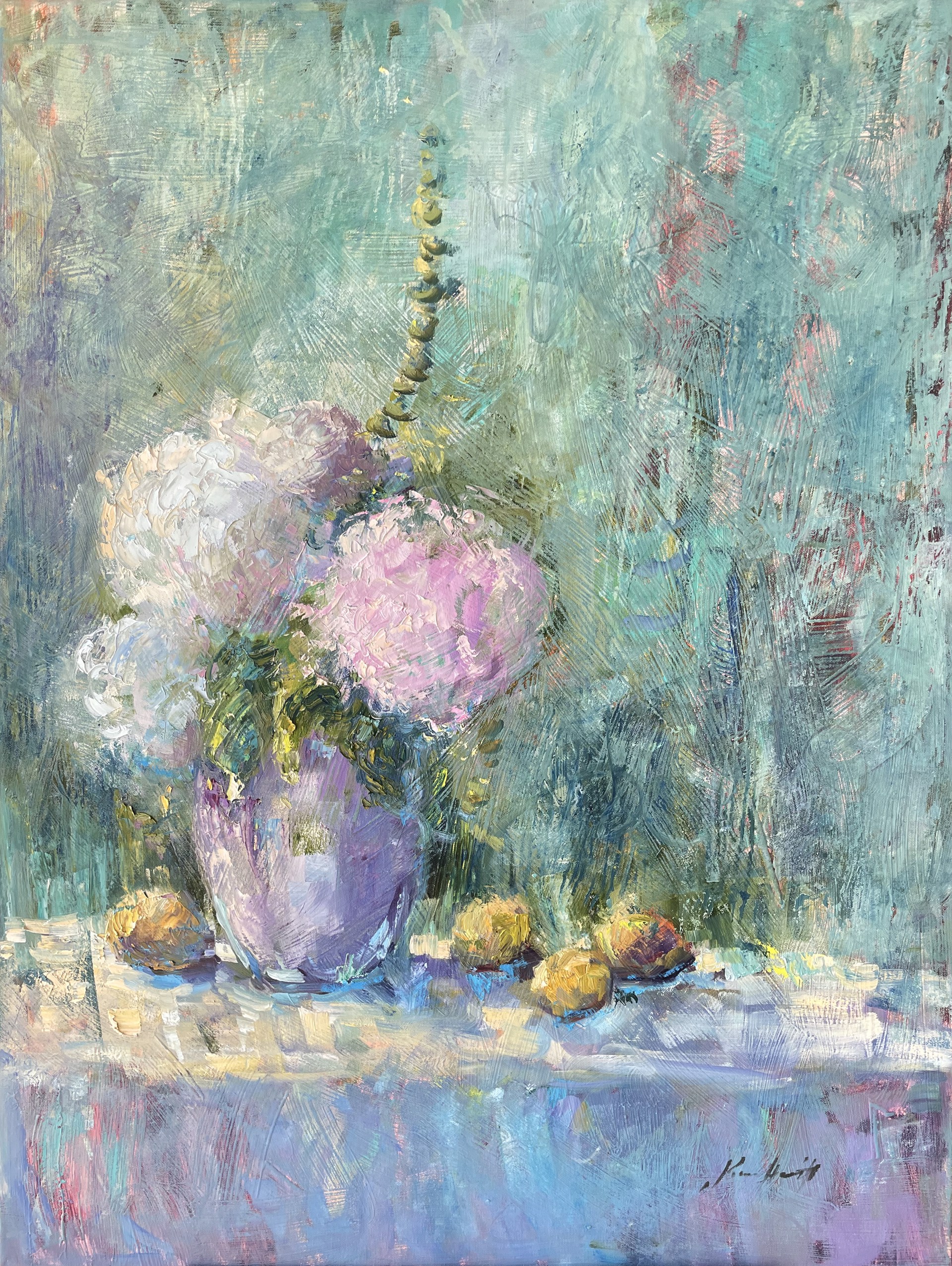 "Summer Bounty, Hydrangeas and Lemons" original oil painting by Karen Hewitt Hagan