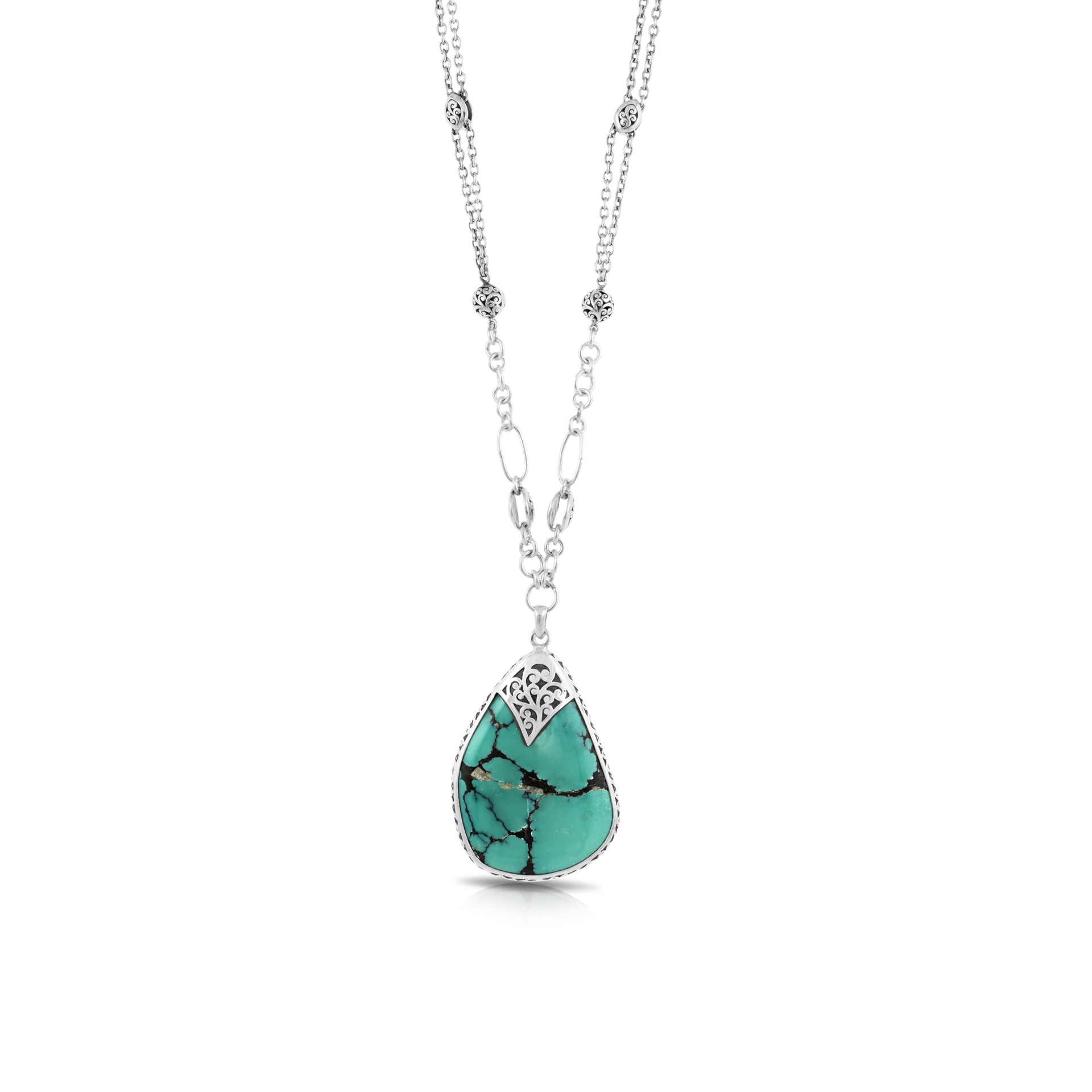 9690 Organic Shaped Turquoise with Hand Carved LH Scroll Rim on Handmade Sterling 17" Silver Chain, Pendant 39 by 55mm by Lois Hill
