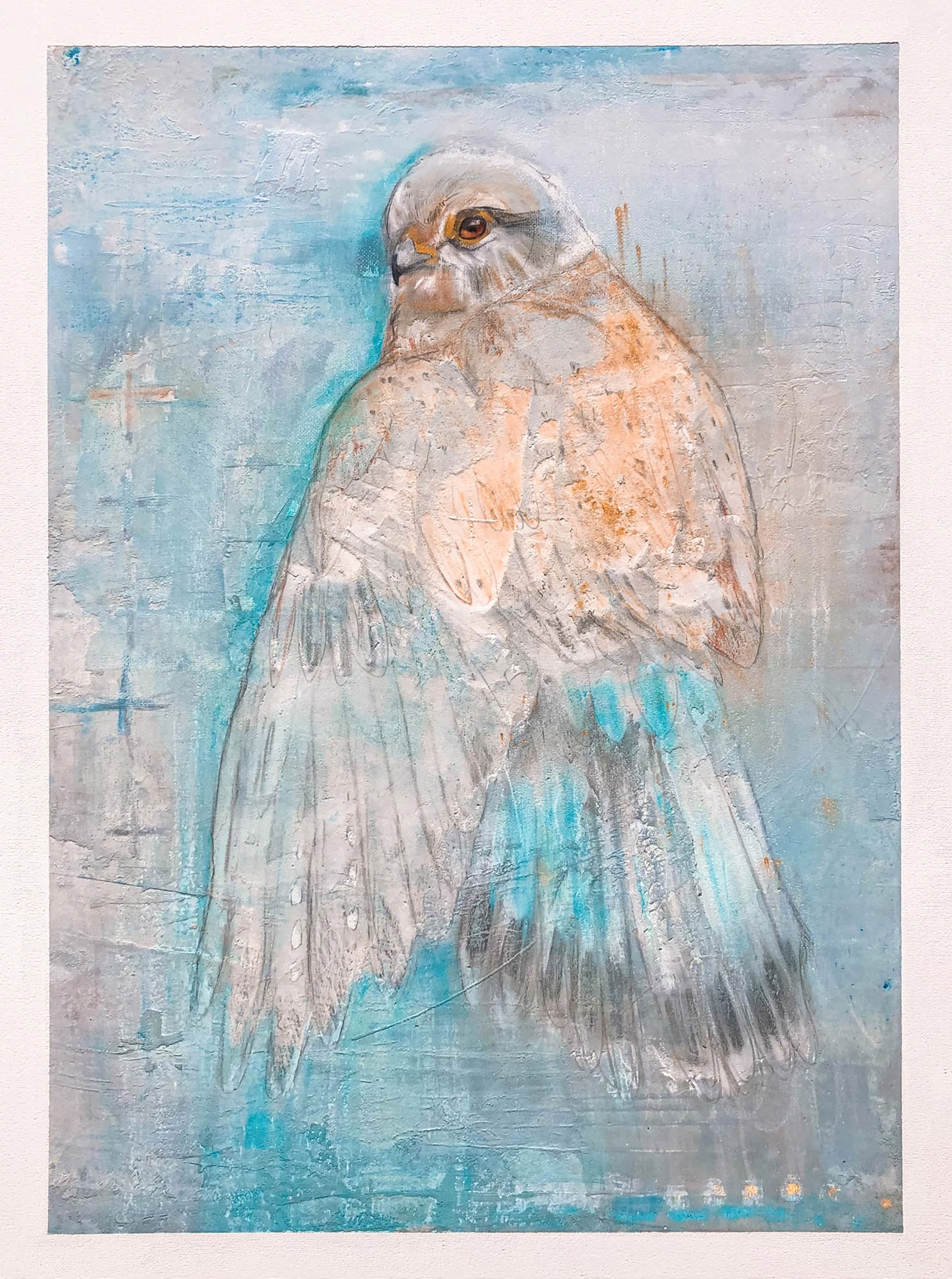 Original Mixed Media Painting Featuring A Hawk Over Abstract Blue Background
