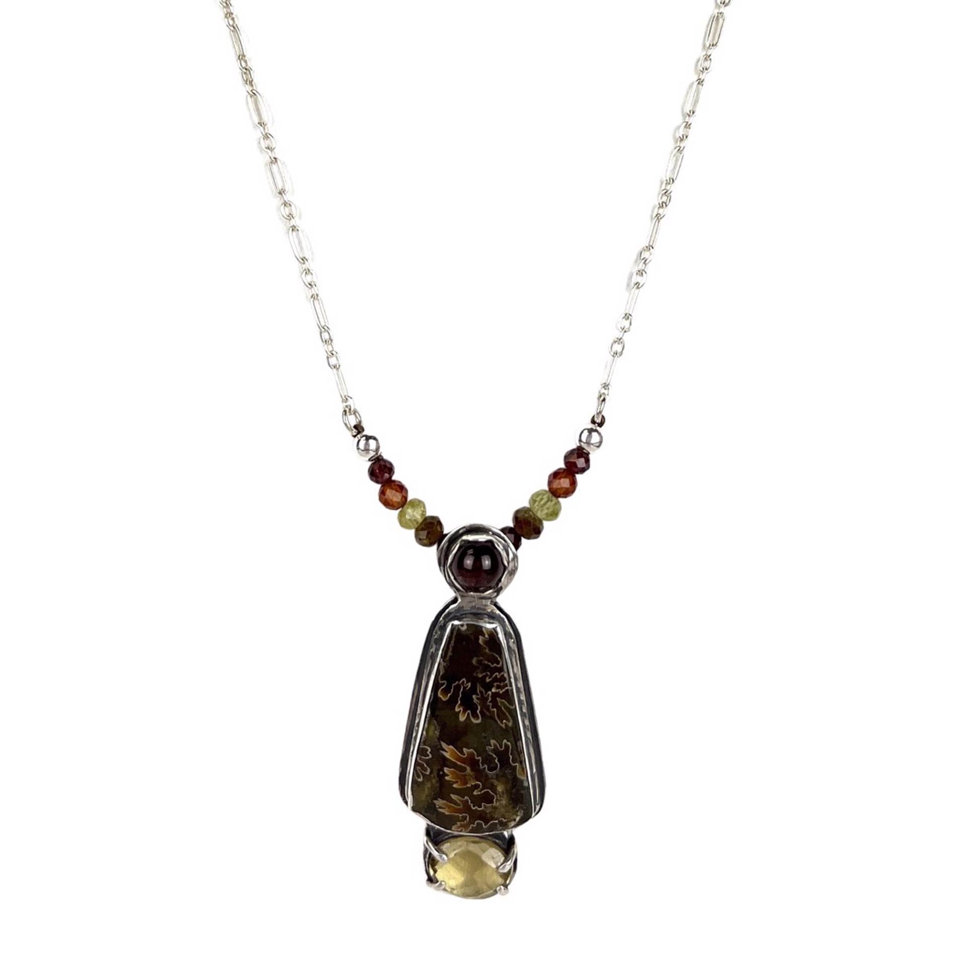 Sphenodiscus, Whiskey Citrine, Garnet, Small Tourmaline and Sterling Silver Necklace by Nola Smodic