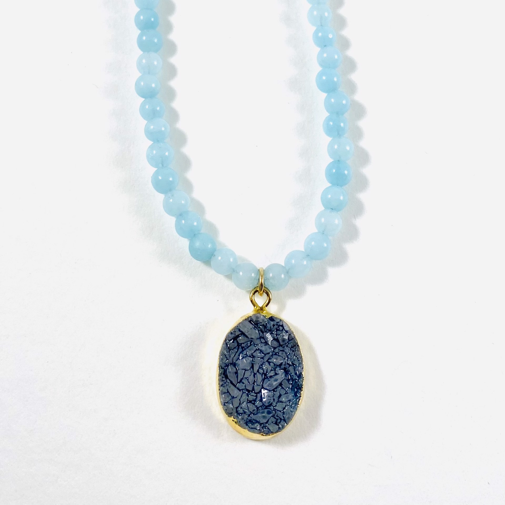 Aqua Jade Bead Necklace, Druzy Pendant ND1 by Nance Trueworthy
