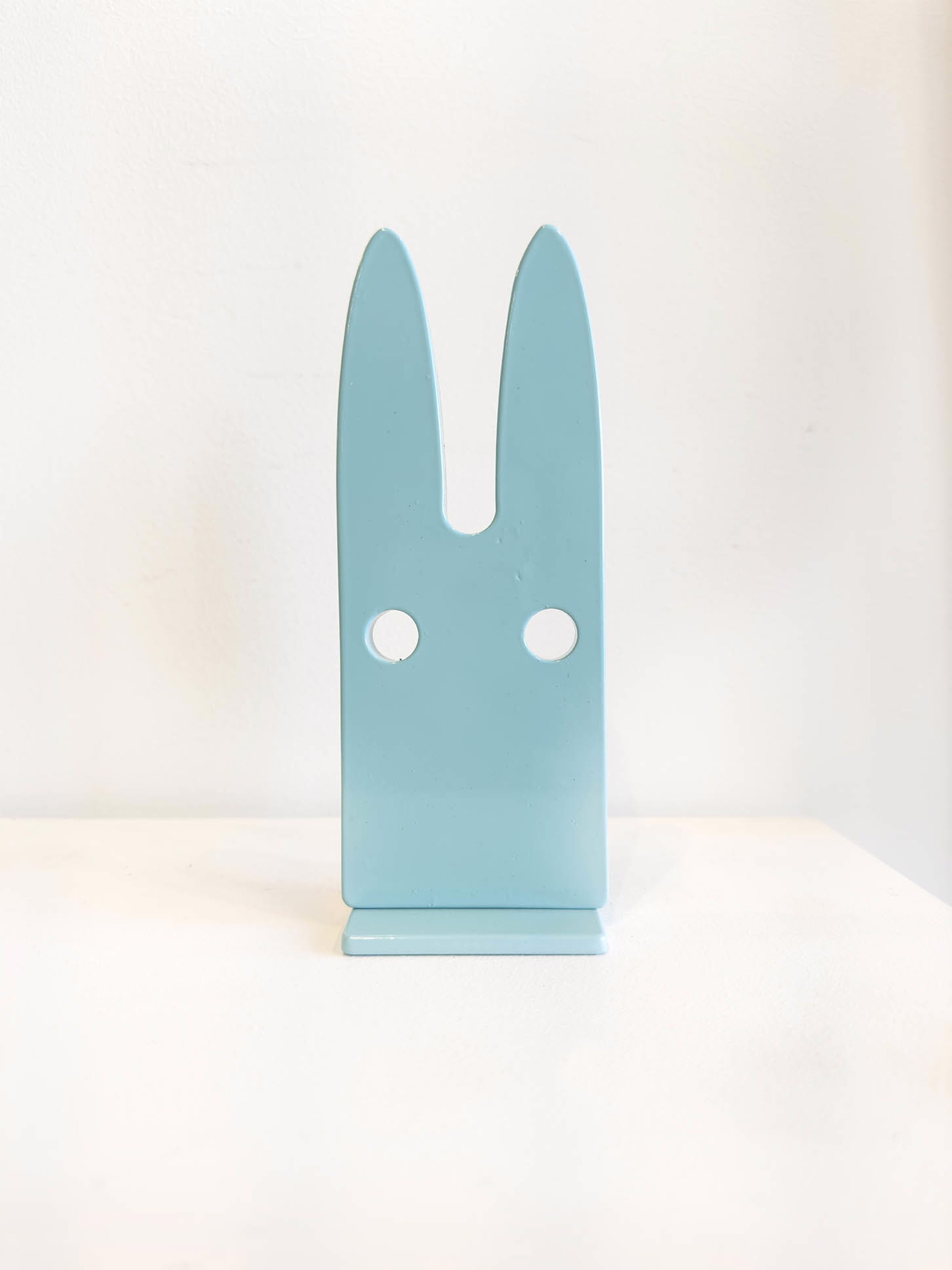 Miniature Aluminium Sculpture By Jeffie Brewer Featuring A Bunny In Simplified Shapes With Blue Finish
