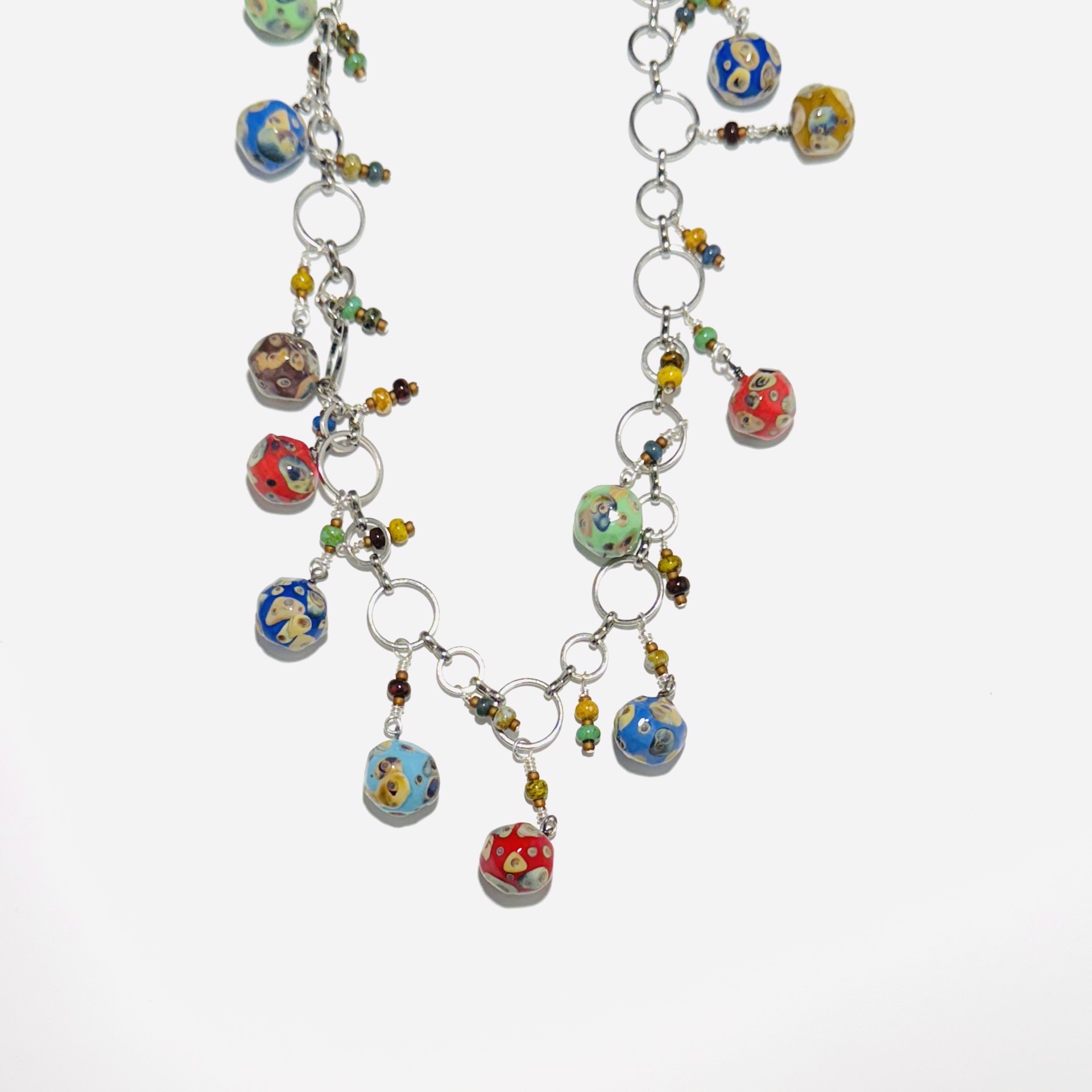 Multi Color Raku Drop Beads, Metal Hoop Necklace LS24-64 by Linda Sacra