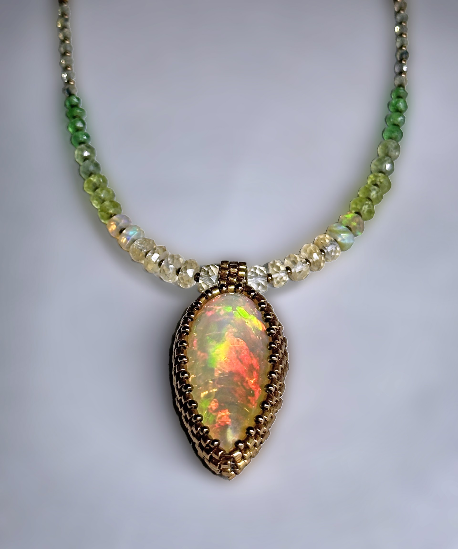 Golden Crystal Ethiopian Opal Necklace with Gemstone Beads by Nina Vidal