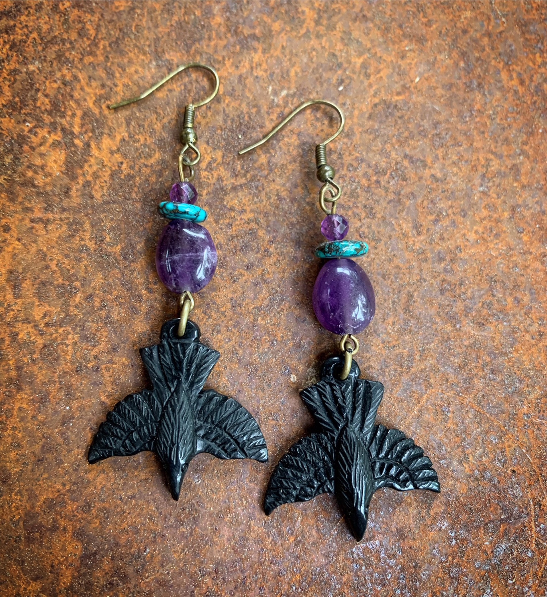 K861 Carved Buffalo Horn Raven Earrings with Turquoise and Amethyst by Kelly Ormsby