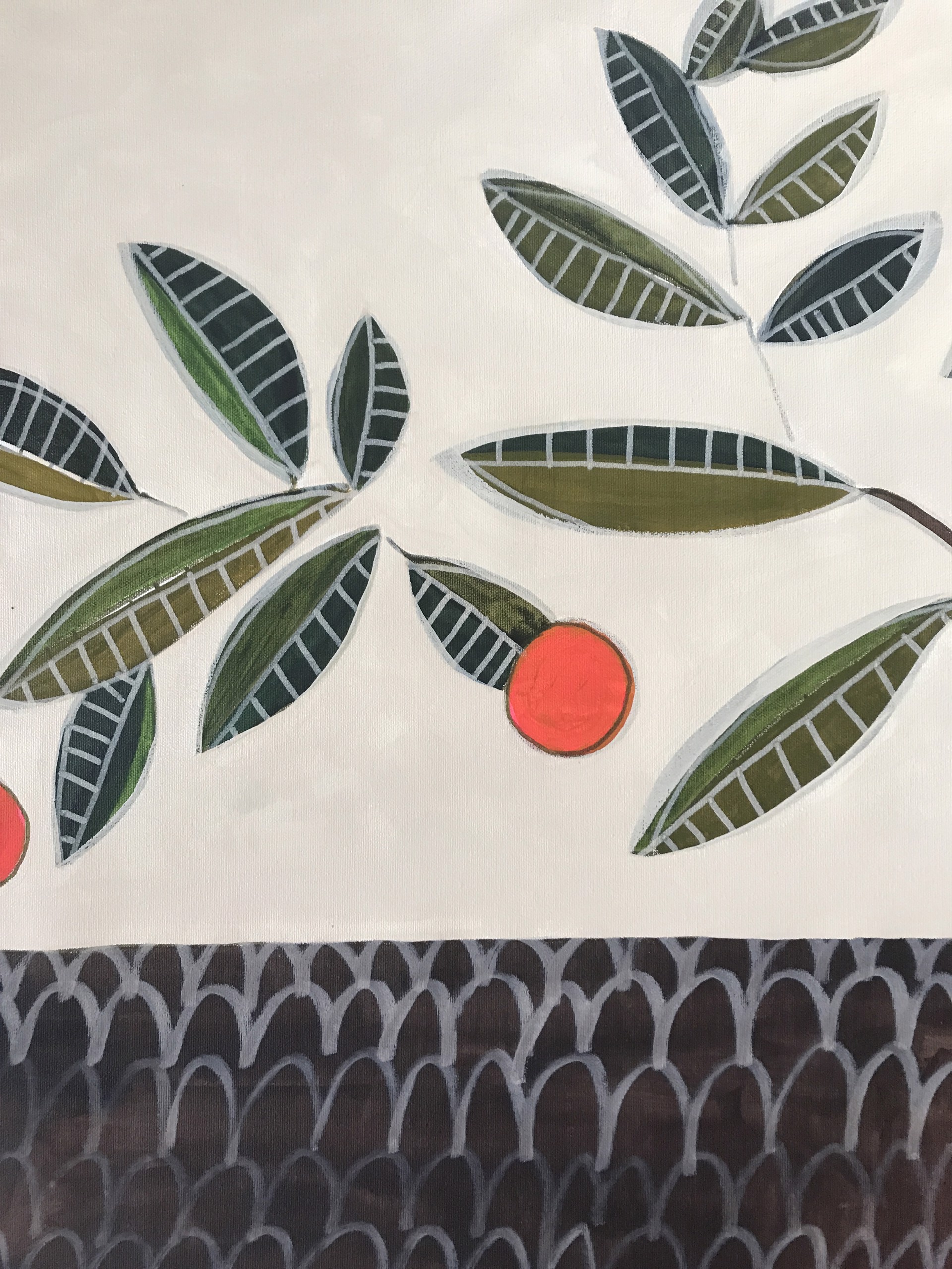 Mandarin Tree in Red Vase with Plate of Oranges by Rachael Van Dyke