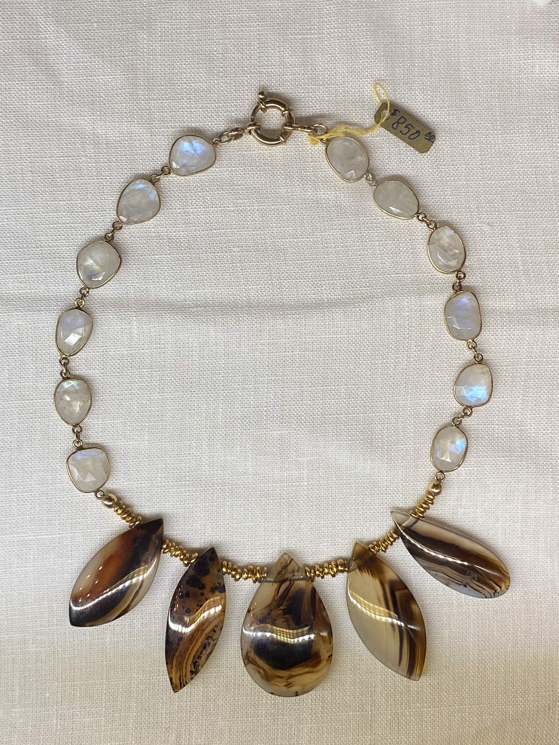 Tortoise jasper and moonstone necklace with 18K golf vermiel by Jeri Mitrani