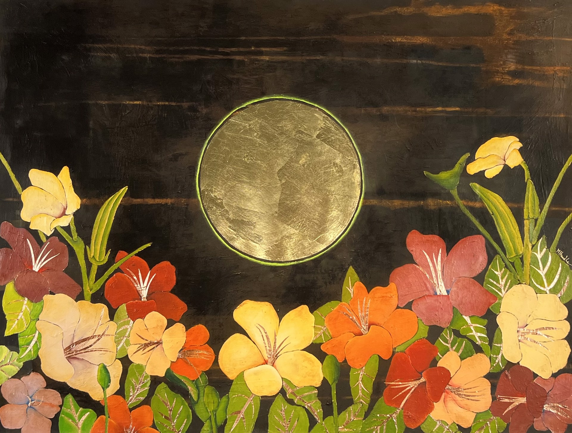 GOLD MOON WITH HIBISCUS by Megan Hurdle
