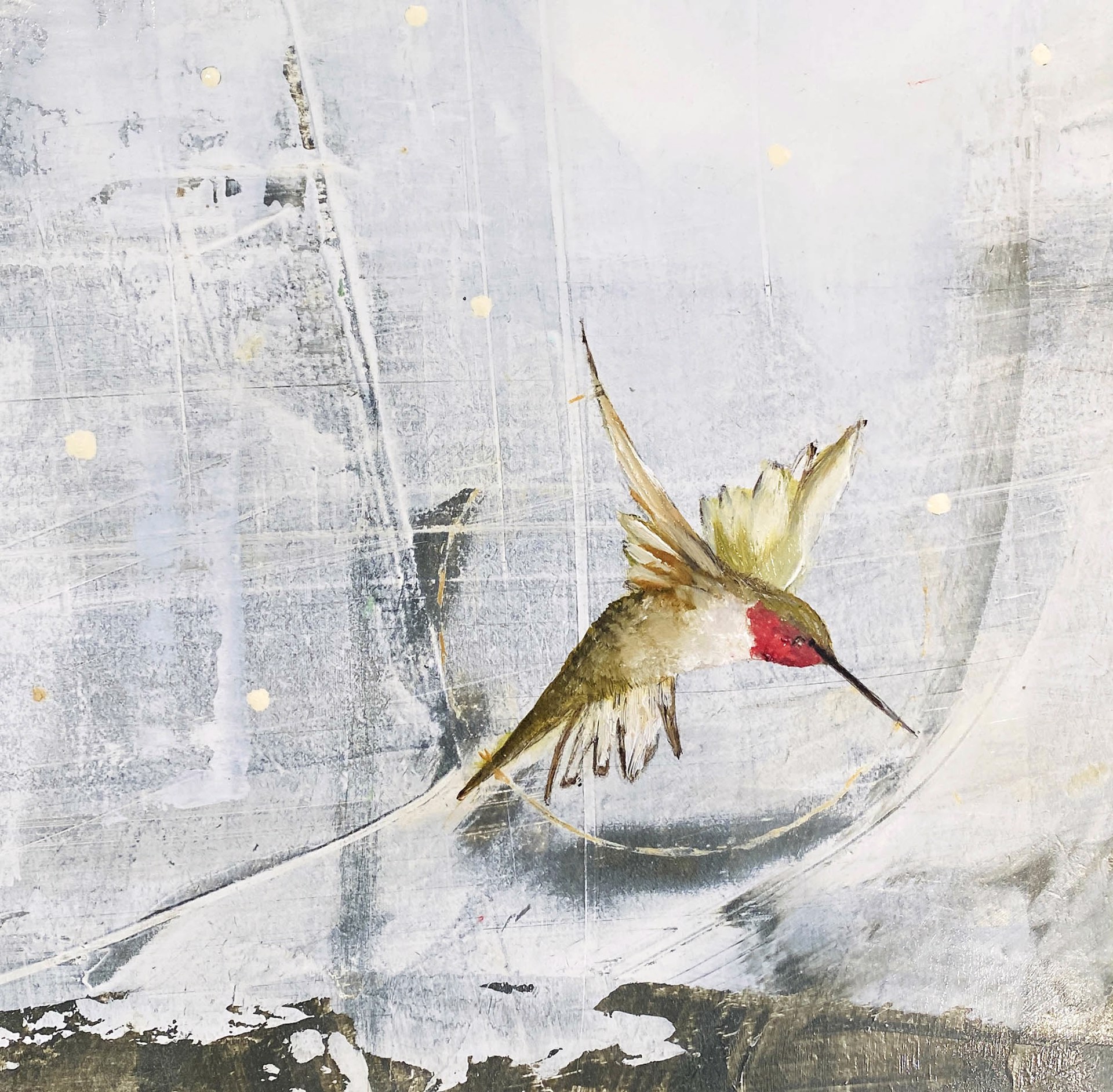 Original Oil Painting Featuring A Single Hummingbird Over Abstract Gray Background