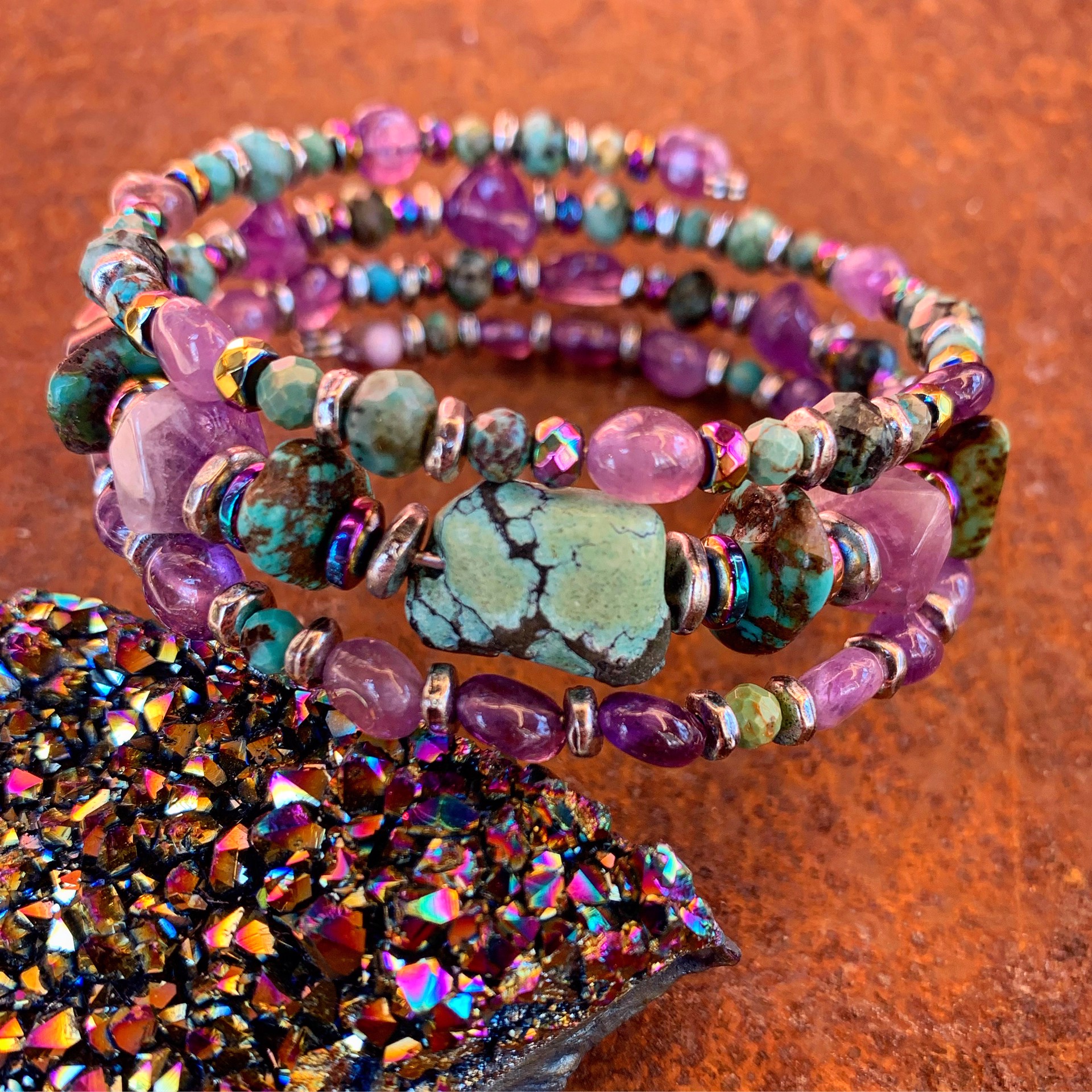 K756 Turquoise and Amethyst Triple Wrap by Kelly Ormsby