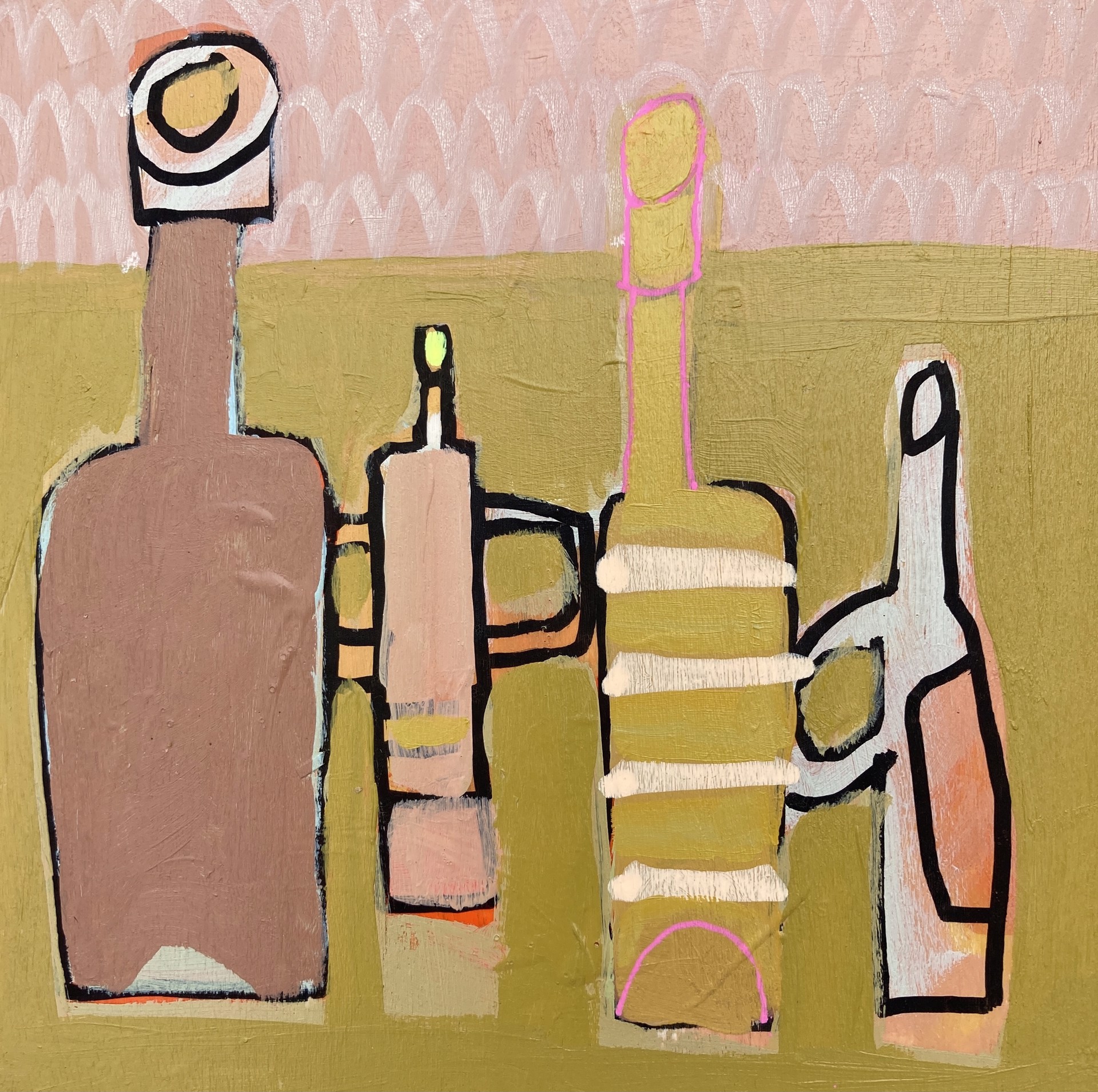 Four Bottles on Pea Green Table by Rachael Van Dyke