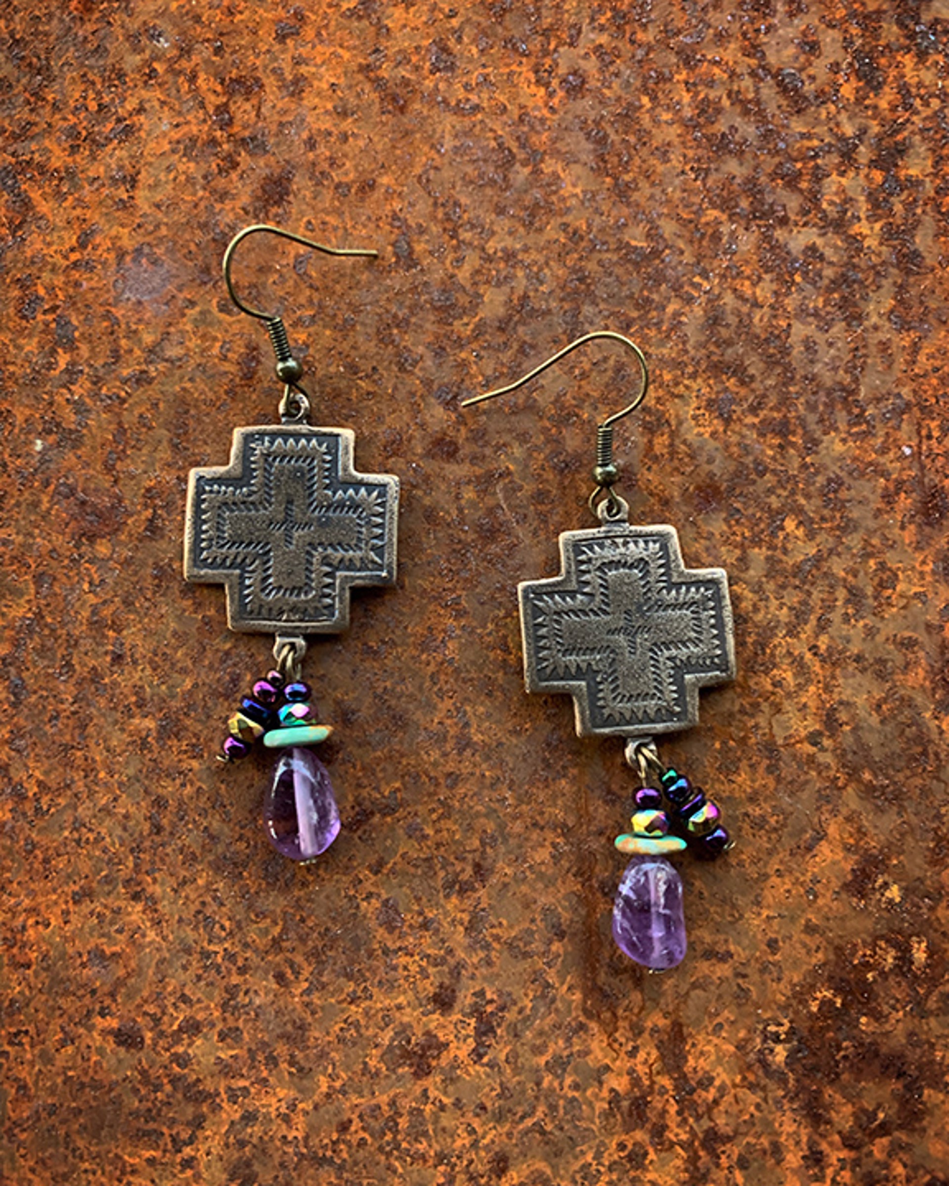 K728 Square Cross Earrings with Amethyst by Kelly Ormsby