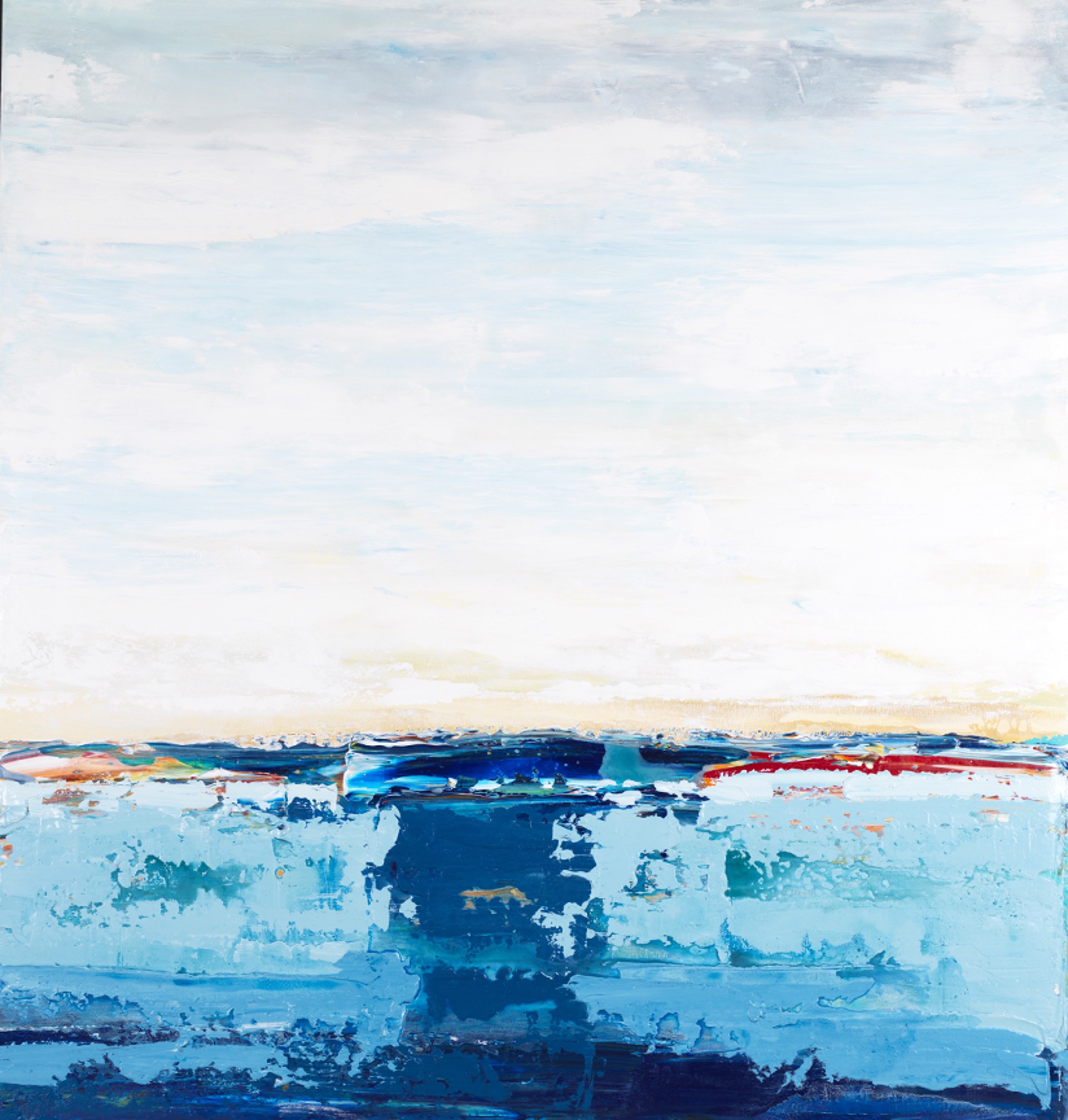 Marino #38 is a beautiful 64"H x 60"W abstract seascape painting by South Florida artist and painter John Schuyler, featuring a dividing line where sky meets sea. 