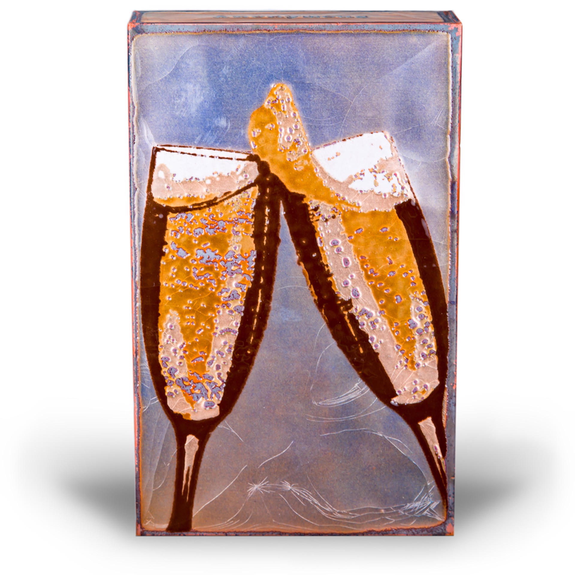 A Houston Llew Glass Fired To Copper Spiritile #48 Featuring Two Champagne Glasses And A Quote By Anonymous, Available At Gallery Wild