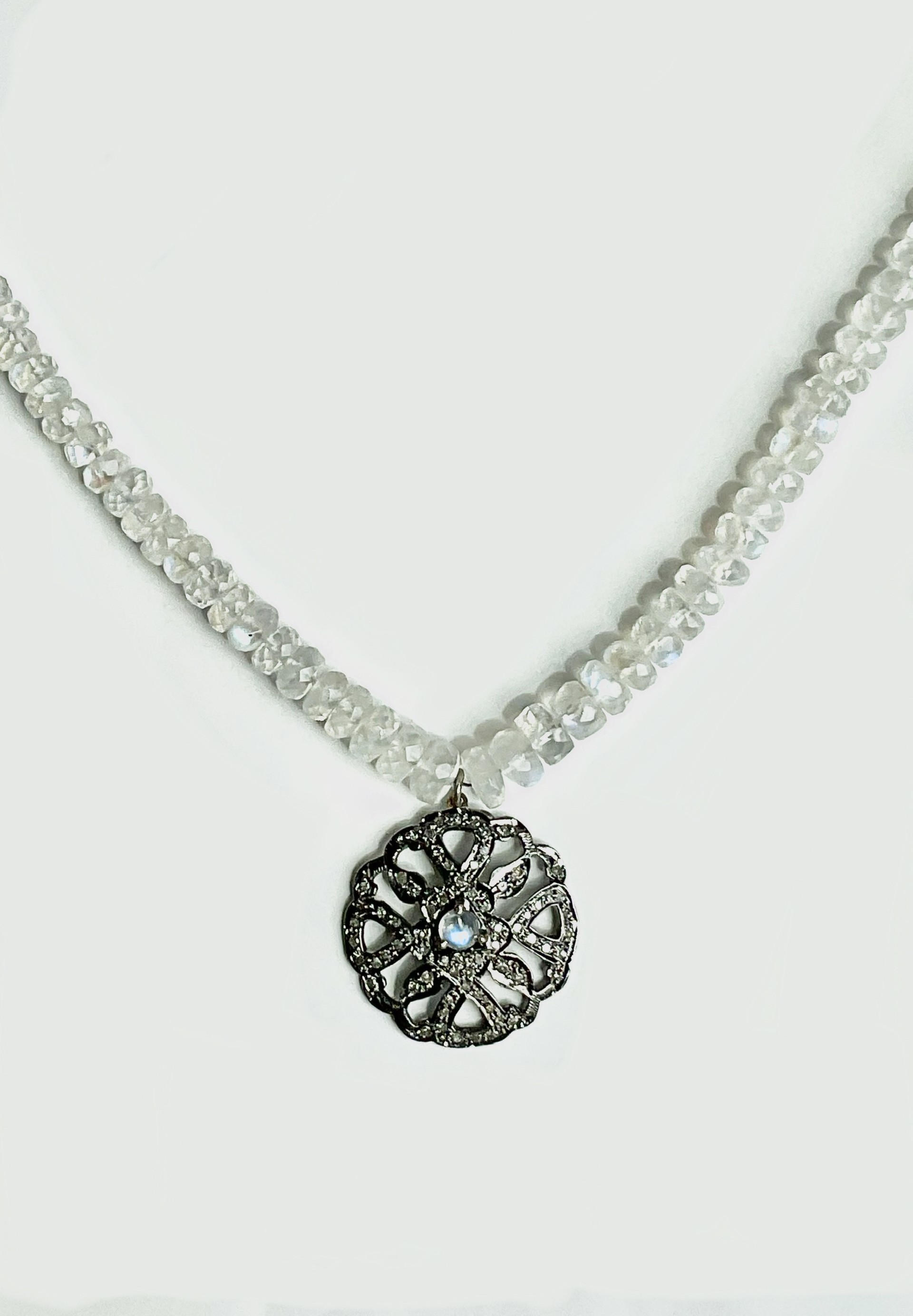 MLJA8507N SS Diamond/Moonstone Pendant & Mstone Rondell Chain by Melinda Lawton Jewelry