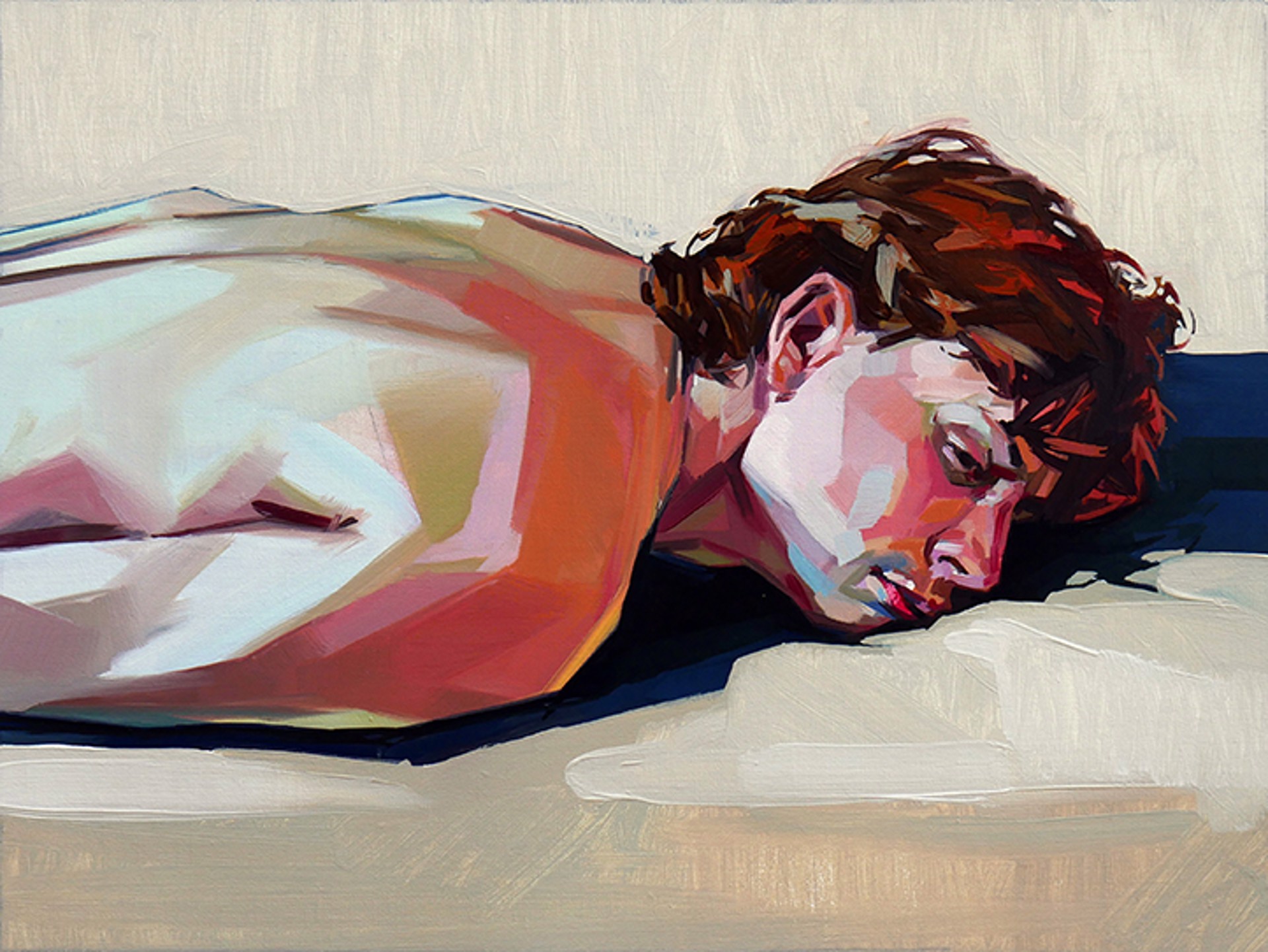 After Tension by Fine Artist Ale Casanova — A stylized, expressive painting of a male figure lying face-down on a flat surface. The figure’s body is rendered in bold, angular brushstrokes with vibrant hues of red, purple, ochre, and pale blue, contrasted by a soft neutral background. The subject’s face is turned to the side with closed eyes, conveying a sense of vulnerability or exhaustion.
