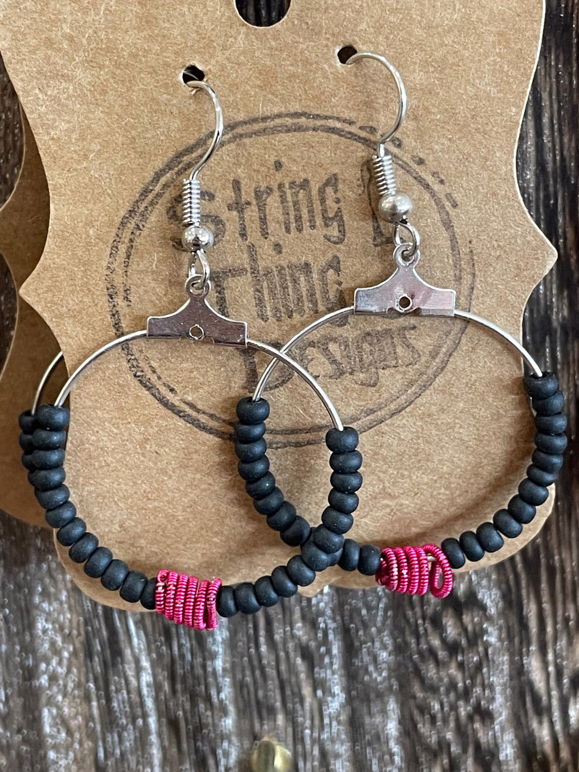 Guitar String Black and Pink  Hoop Earrings by String Thing Designs
