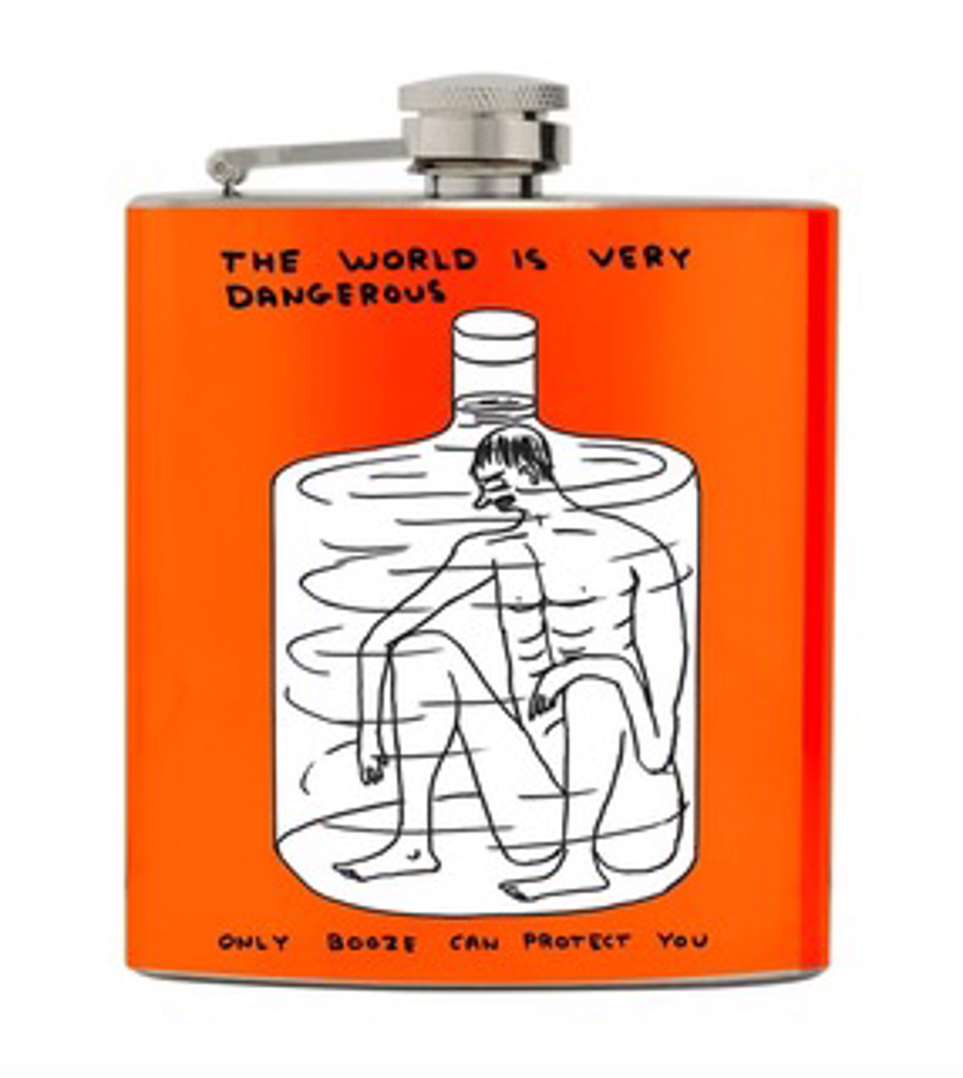 The World Is Very Dangerous Hip Flask by David Shrigley