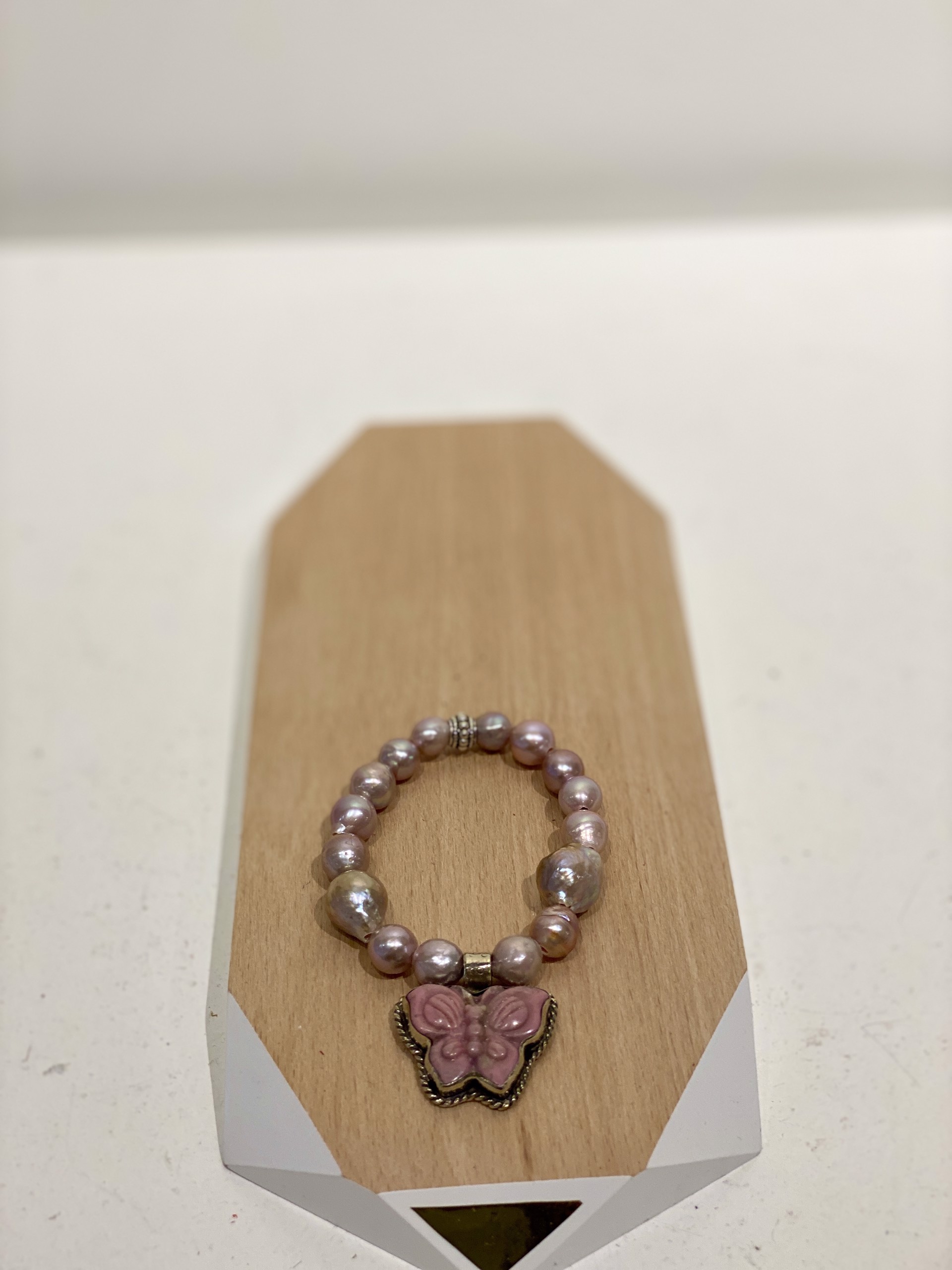 Pink Freshwater Pearls w/butterfly charm bracelet #34 by Melissa Turney