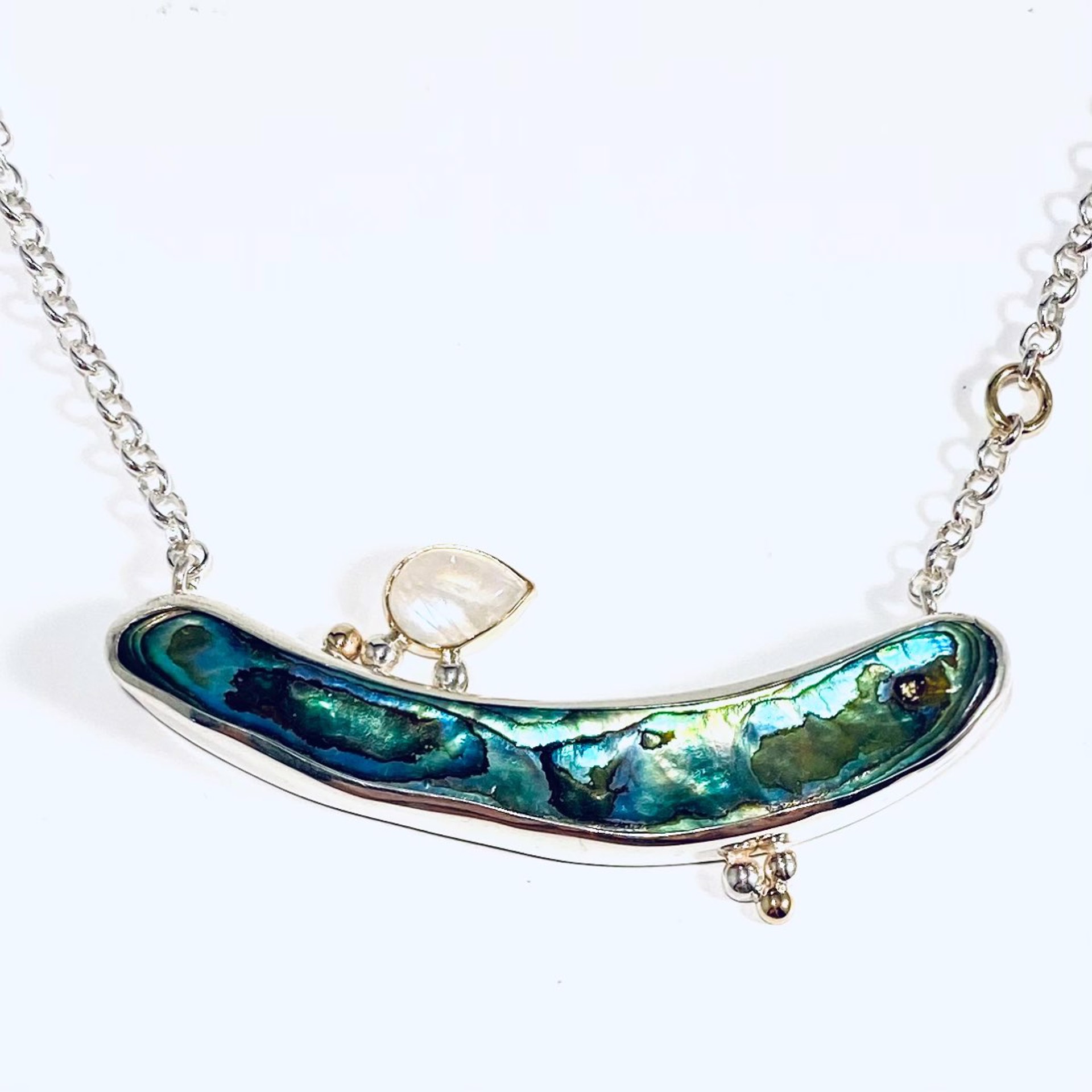 BU22-25  Abalone Paua Shell Moonstone  on 18" Adjustable Silver Chain Necklace by Barbara Umbel