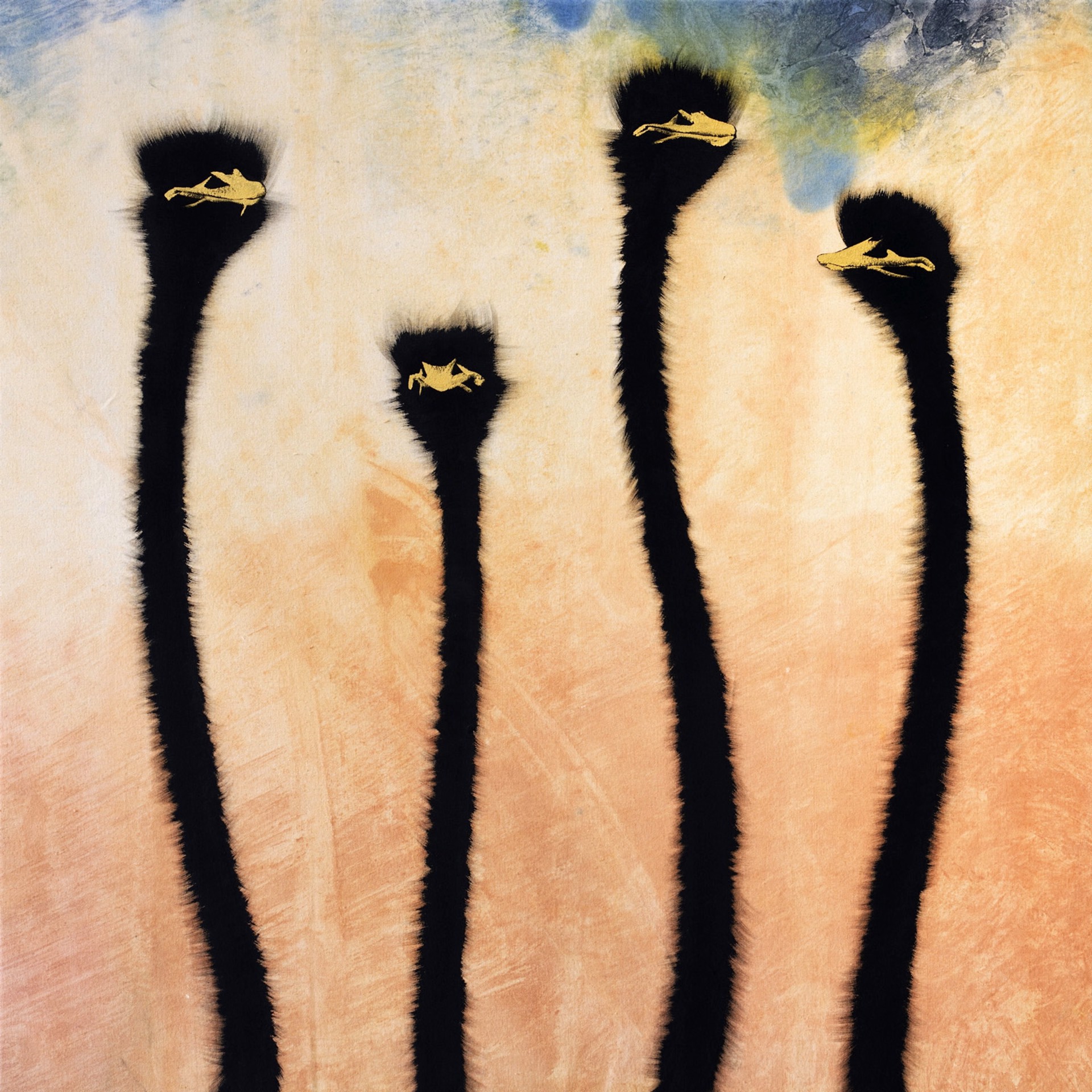 Four Gold Ostrich On Oil Washed Raw Canvas by Josh Brown