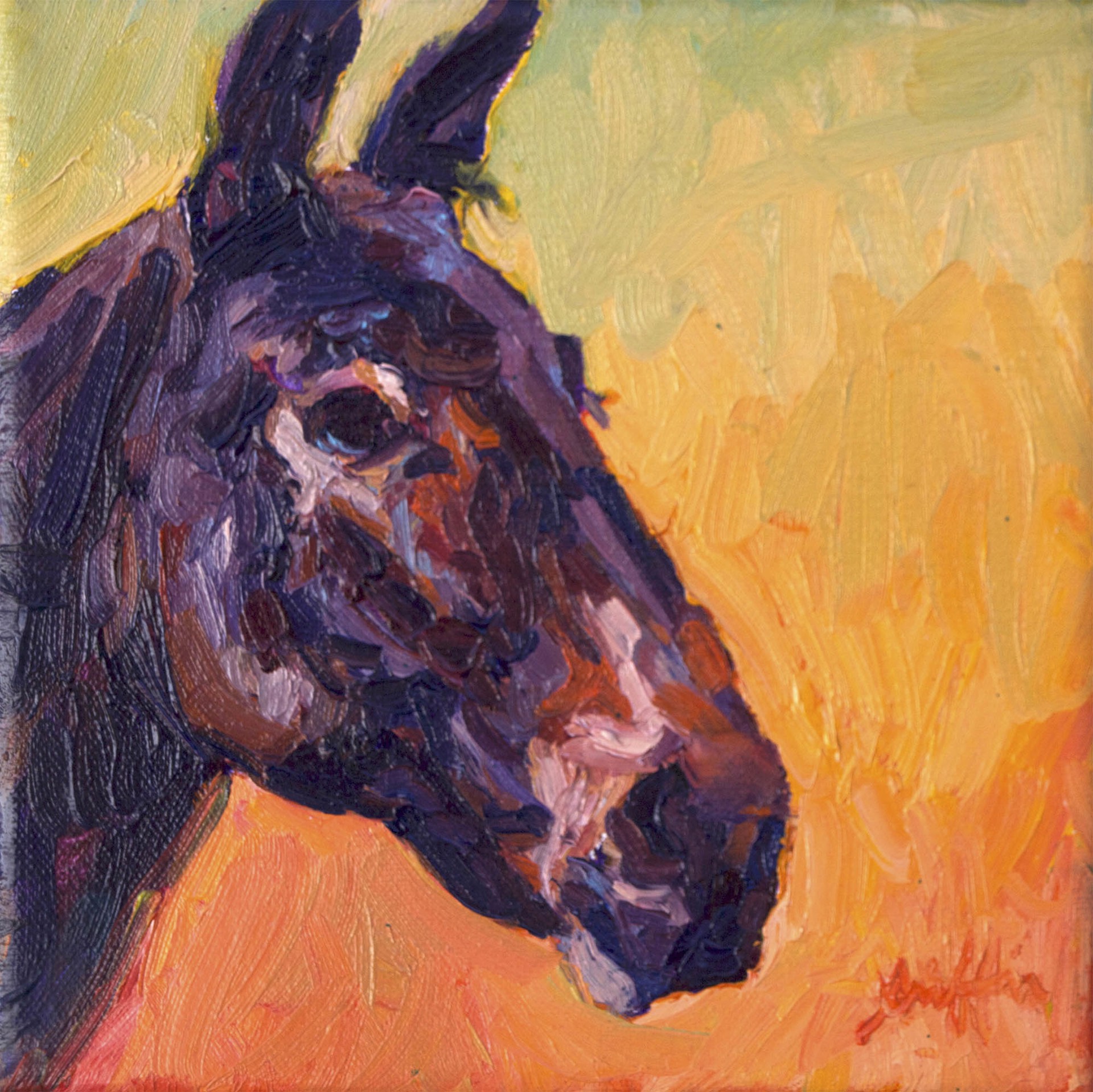 Original Oil Painting Featuring A Mule Bust Over Green To Orange Gradient Background