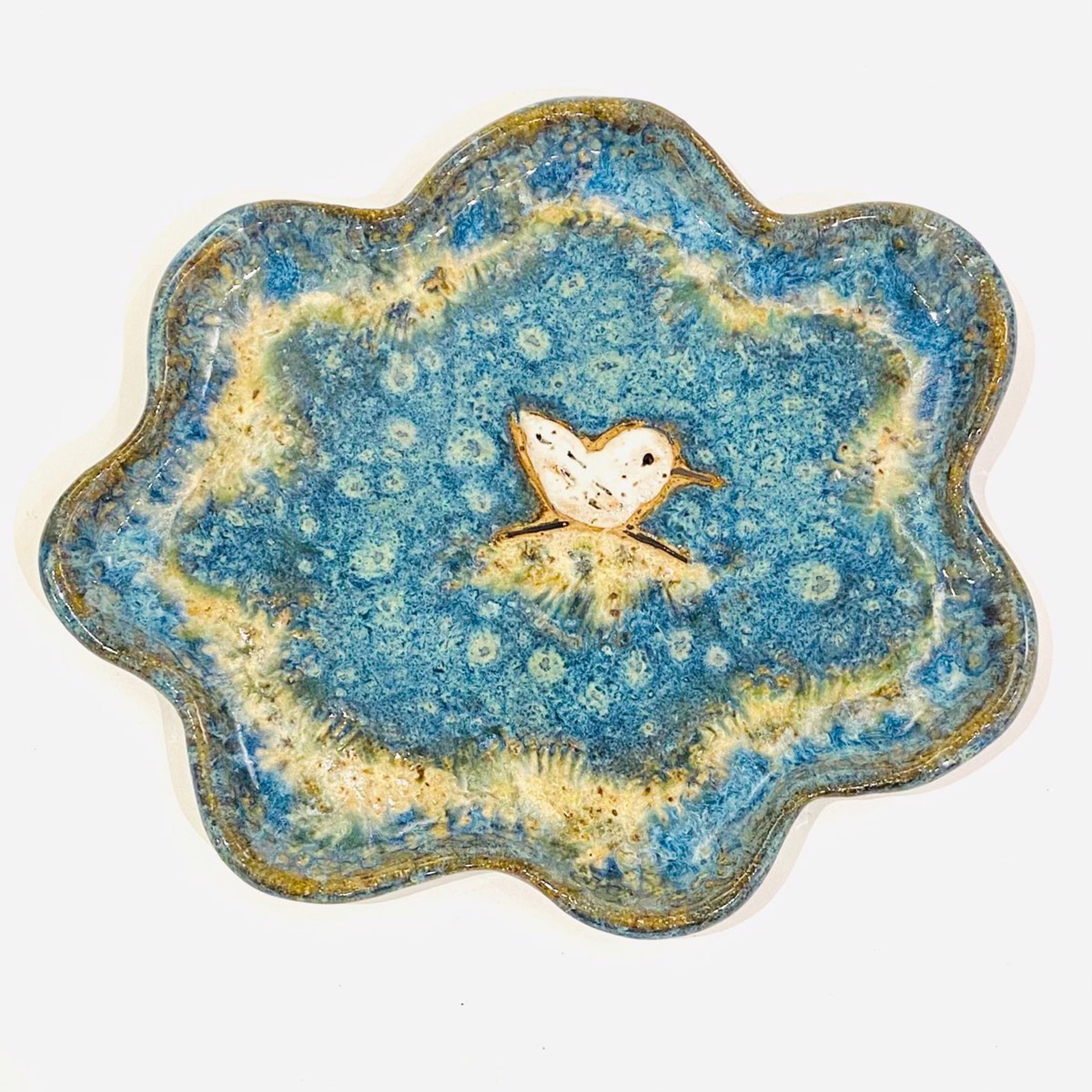 LG22-913 Small Plate with Sandpiper (Blue Glaze) by Jim & Steffi Logan