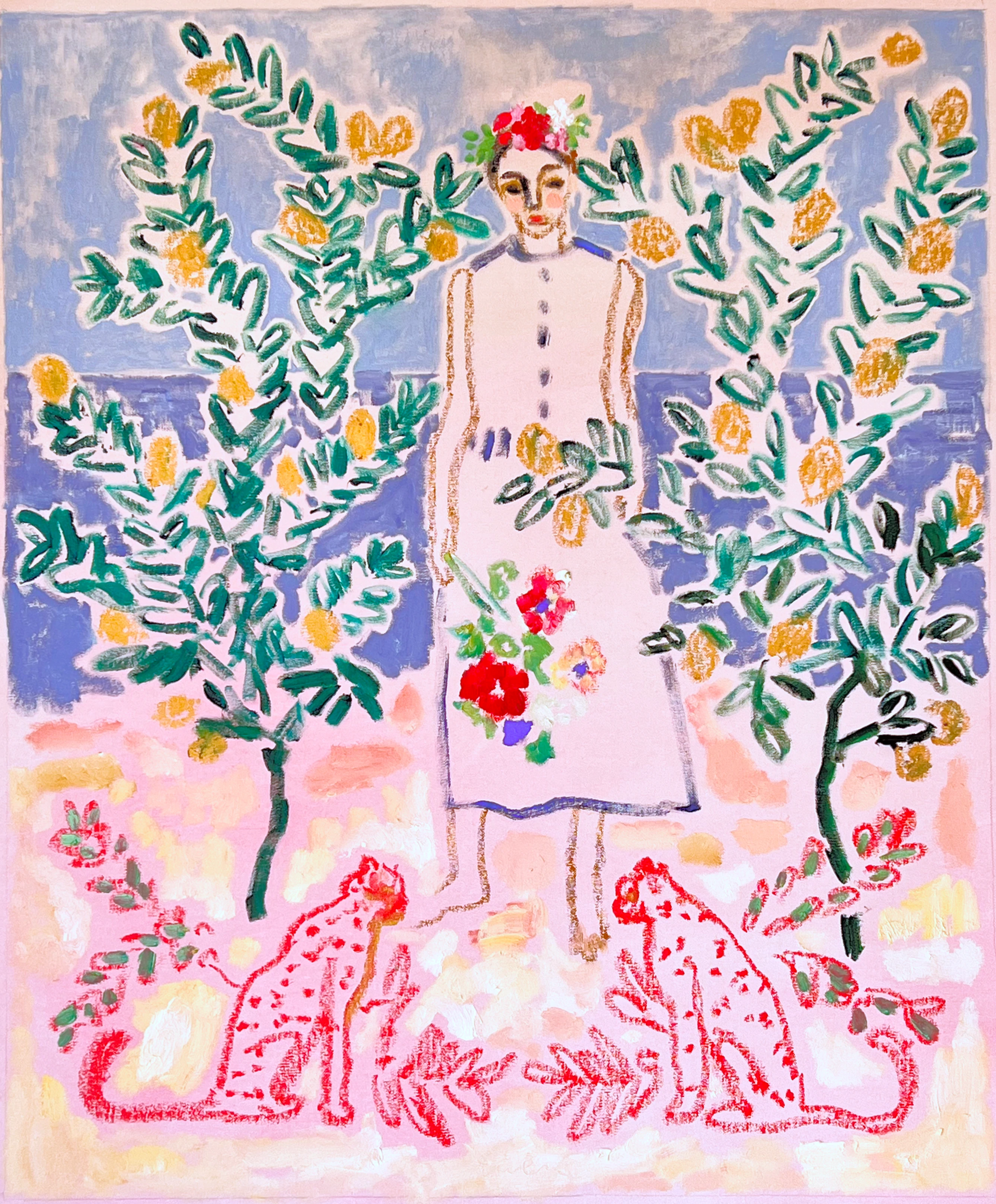 Circe in a Crown of Flowers with Pink Cats by Anne-Louise Ewen