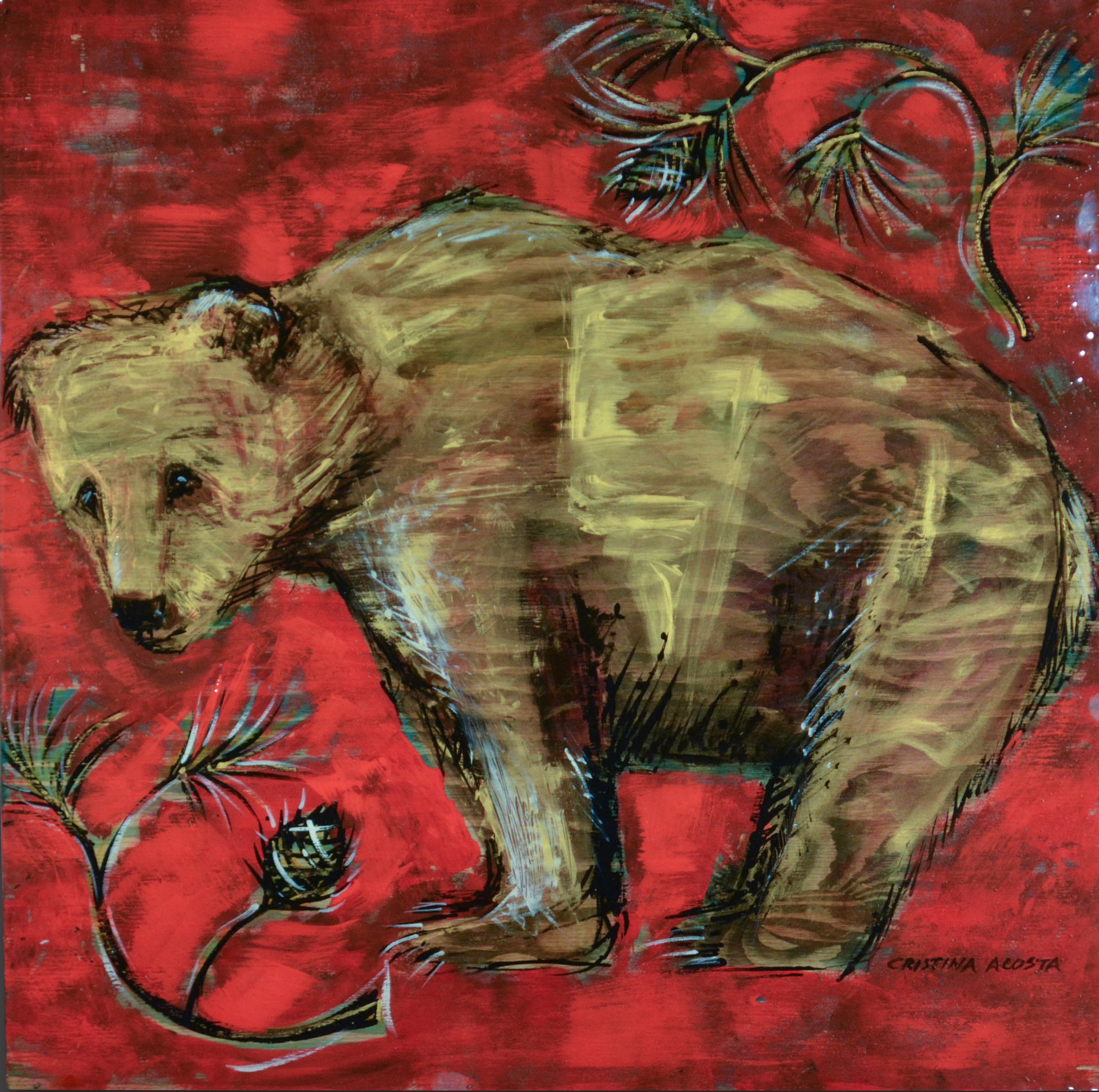 Woodland Bear on Red by Cristina Acosta