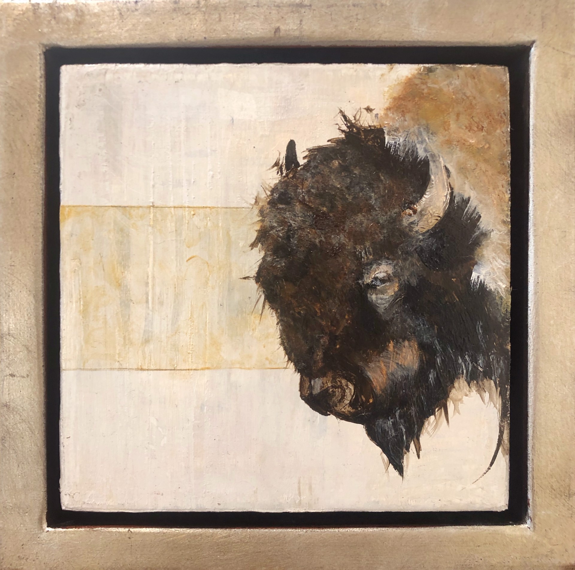 Original Oil painting Of A Bison Or Buffalo Face On A Contemporary Cream And Gold Background With A Warm Gold Silver Frame, By Jenna Von Benedikt