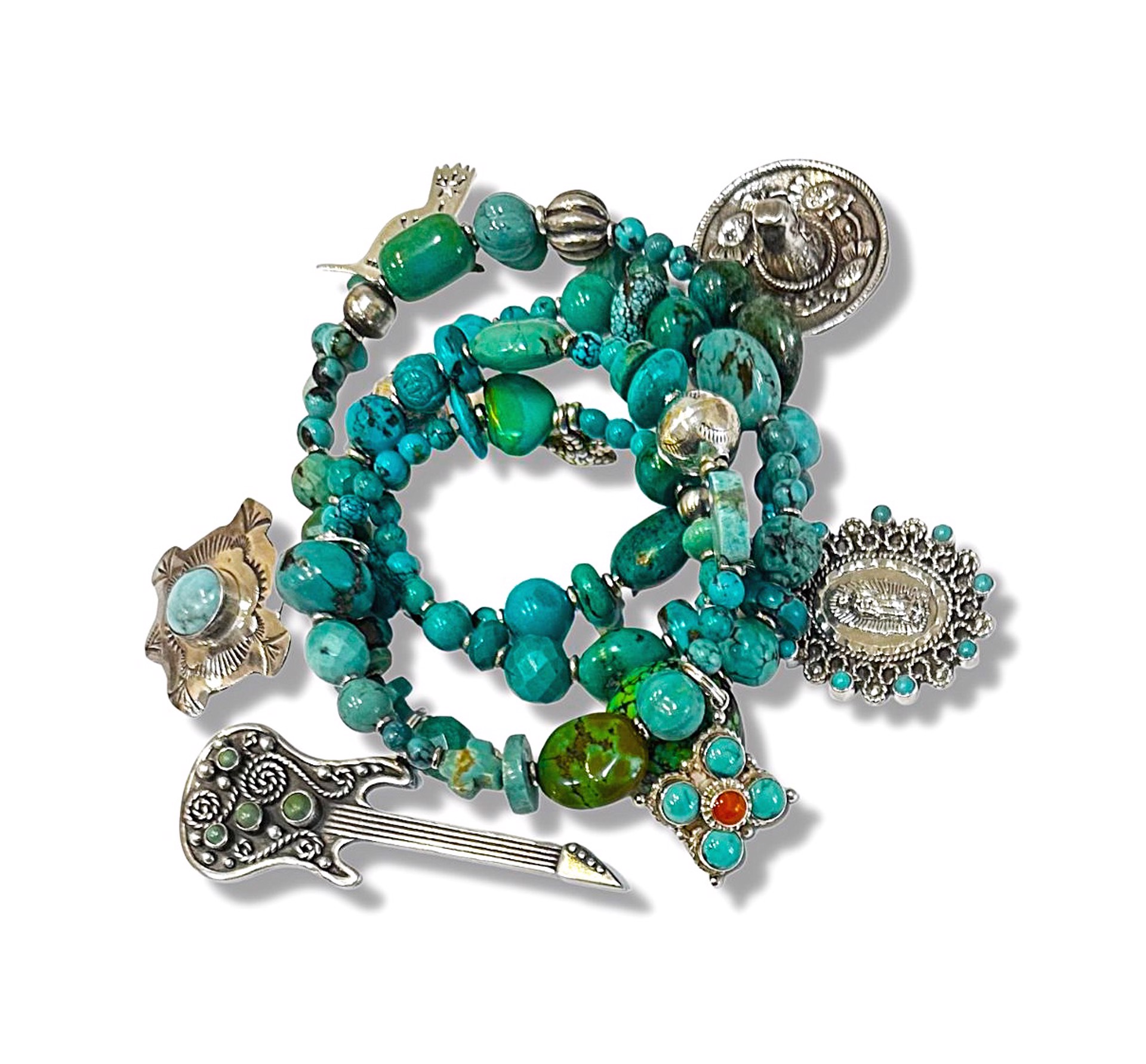 KY 1473 Five Strand Turquoise and Sterling Silver Charms Coil Bracelet by Kim Yubeta