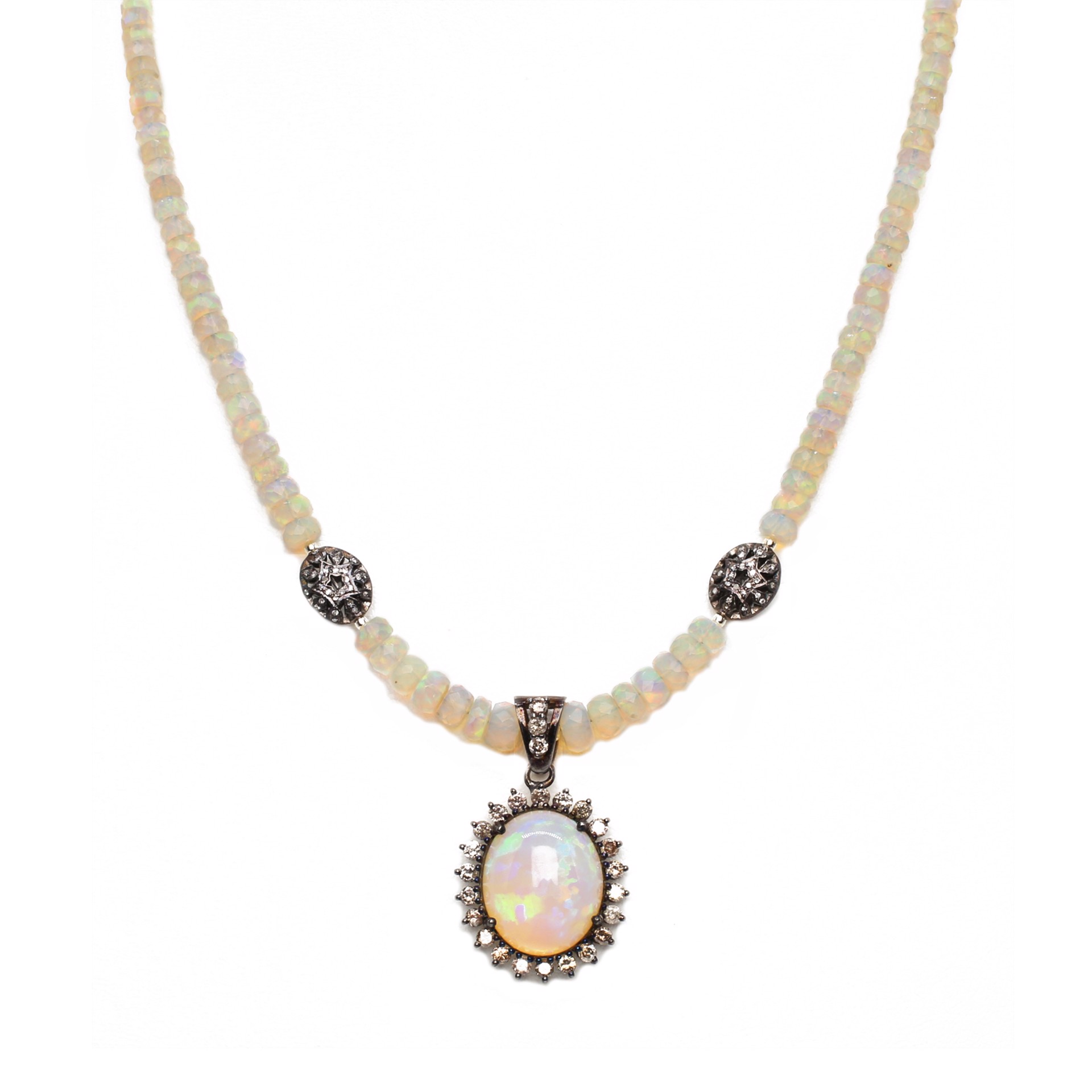 MLJ-3358-N- Opal and Diamond Pendant on an Opal Rondell Chain in Sterling Silver by Melinda Lawton Jewelry