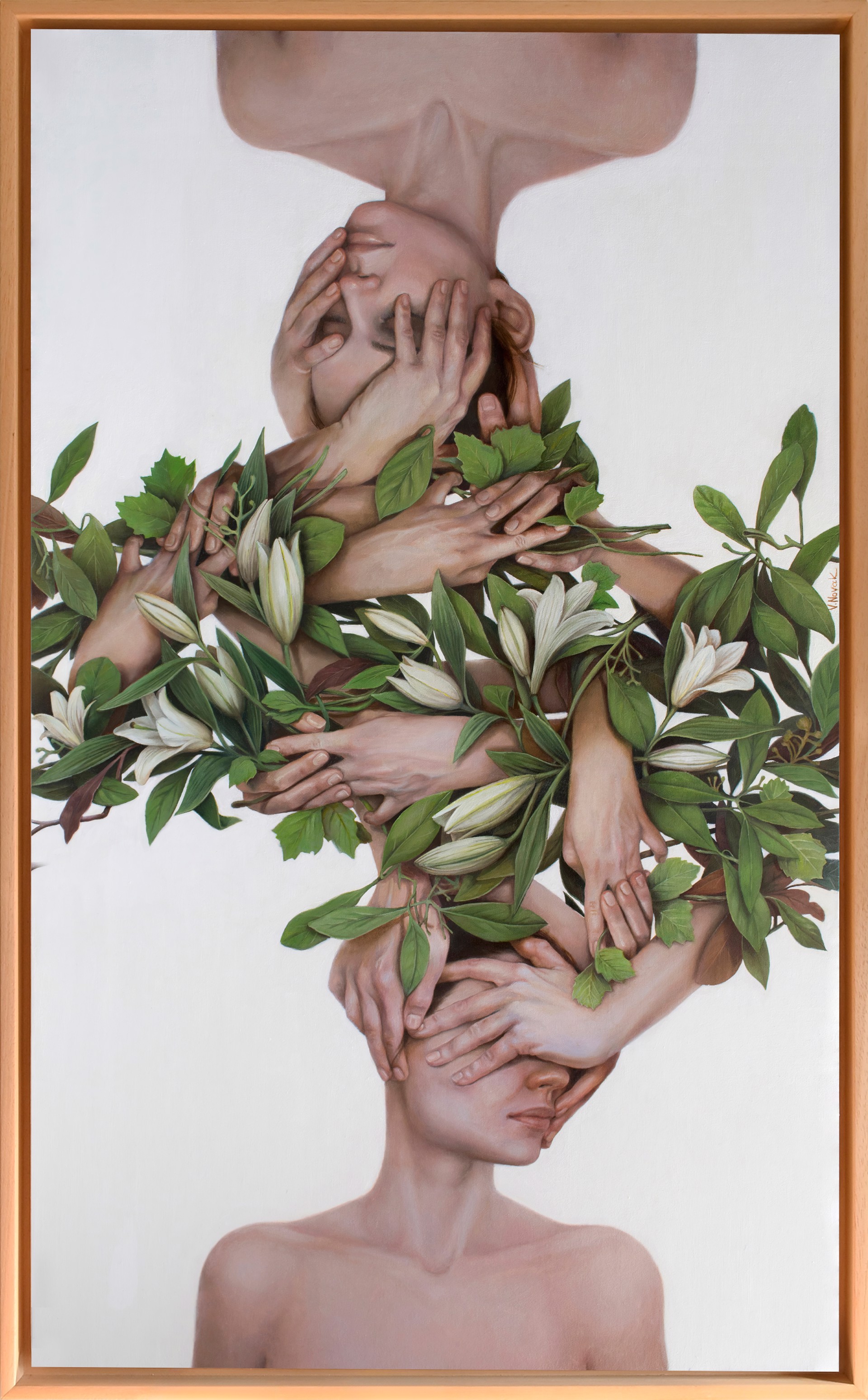 "With Kindness" by Victoria Novak, an oil painting depicting multiple hands gently holding various green leaves and white flower petals, set against a light background.