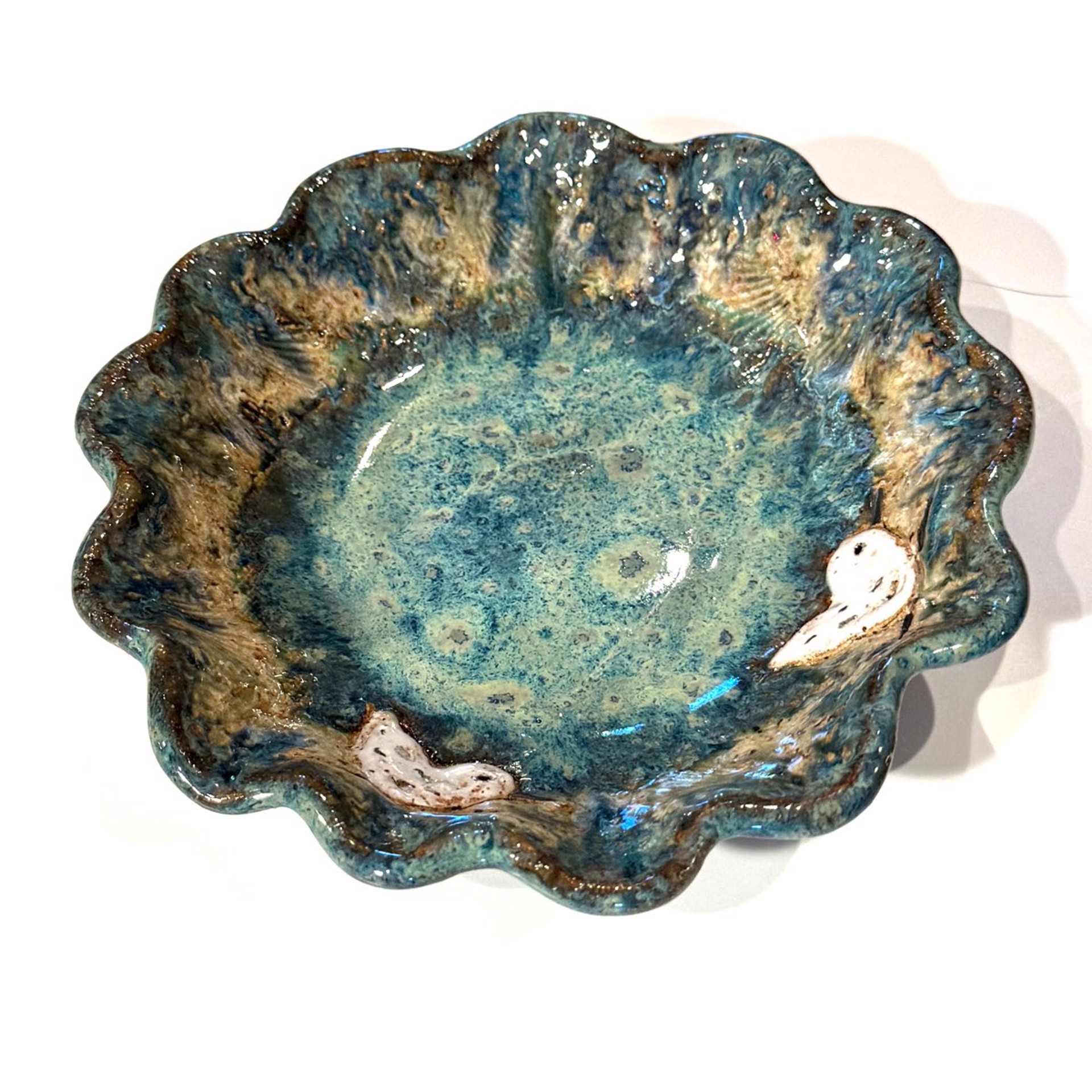 Round Scalloped Bowl with Two Sandpiper (Blue Glaze) LG23-1190 by Jim & Steffi Logan
