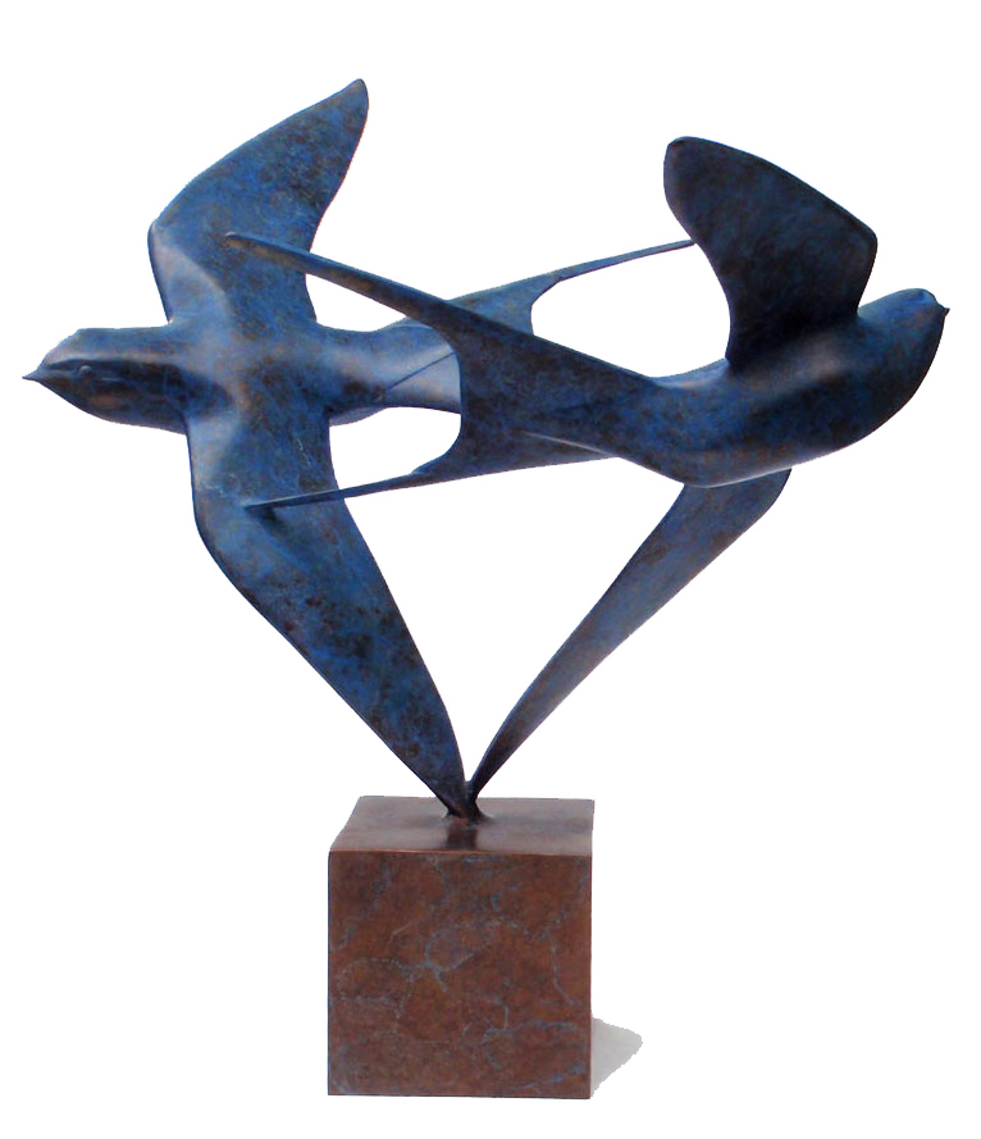 Bronze Sculpture Of Two Swallows In Flight In A Circular Motion Featuring A Contemporary Patina, By Kristine Taylor