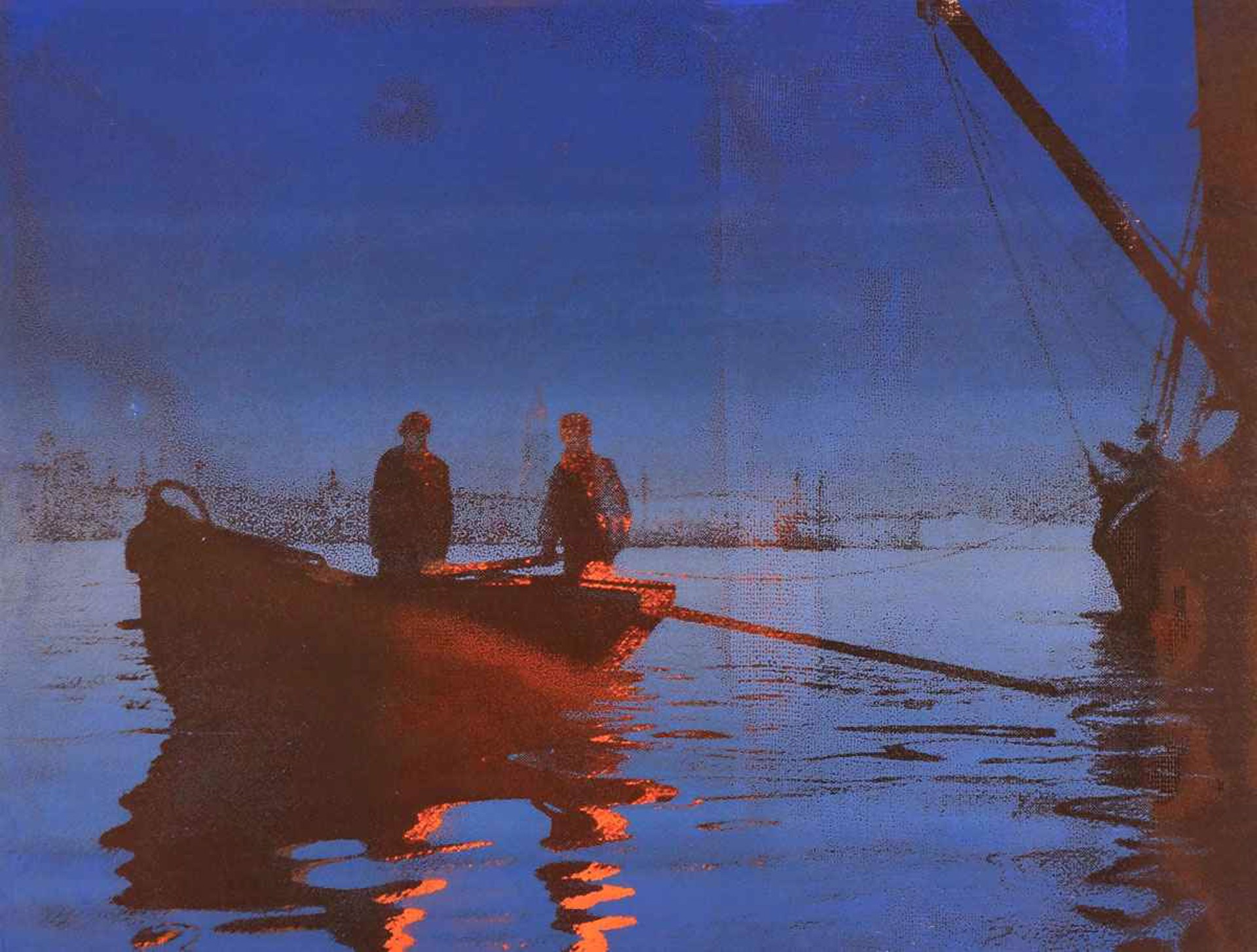 Two Men, Boat, Orange Light by Philip Buller