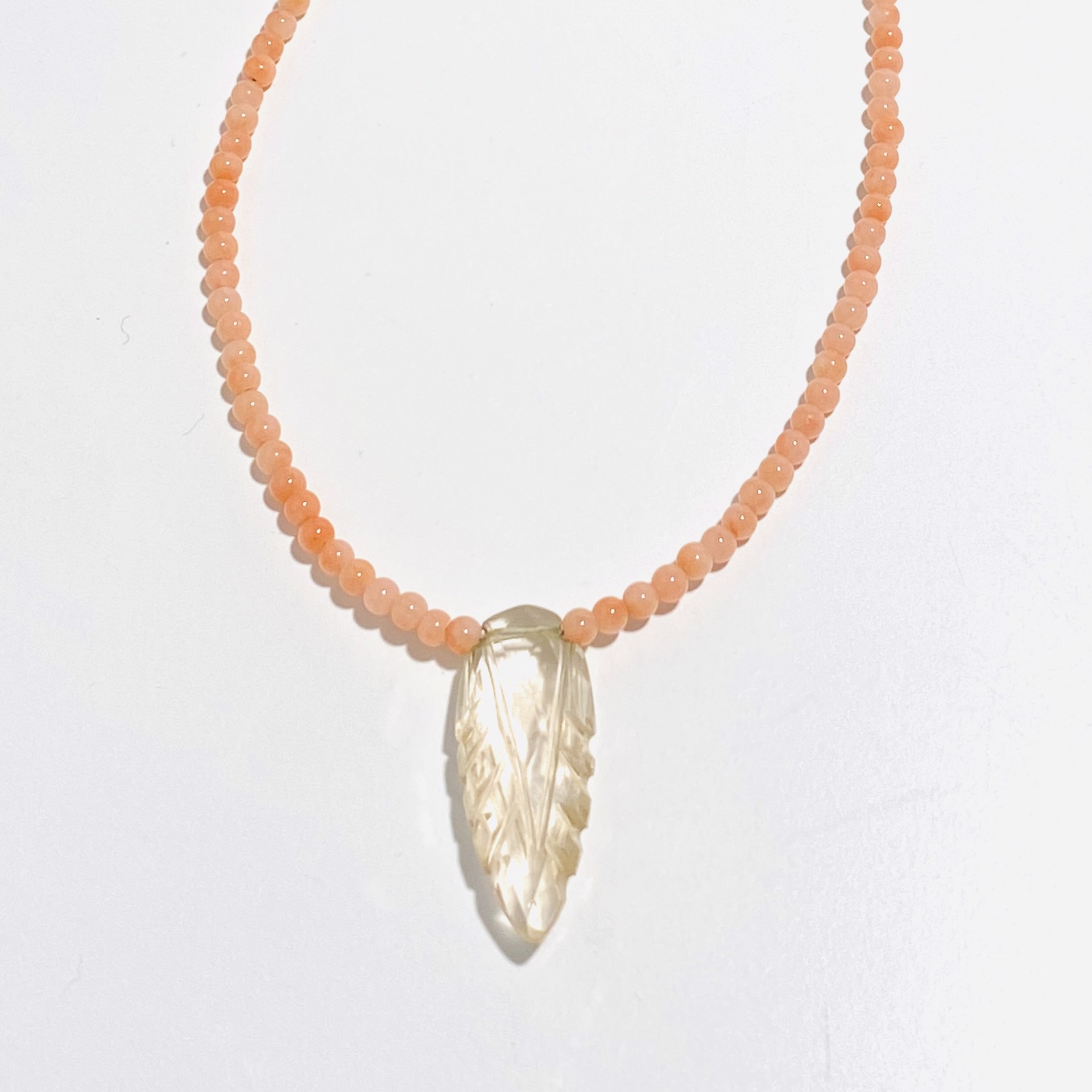 Tiny Round Coral Bead Carved Quartz Focal Necklace by Nance Trueworthy