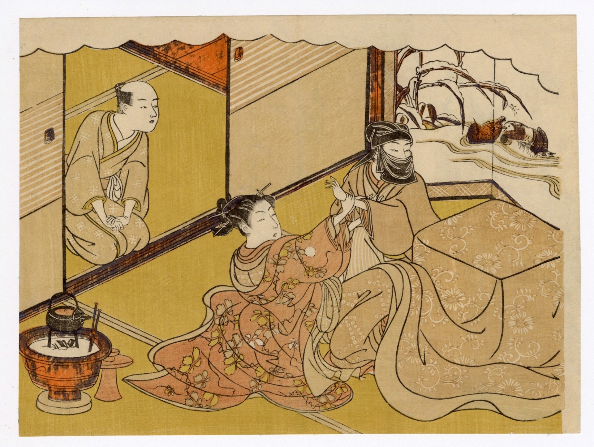 A Woman, Under a Kotatsu, Fighting off a Masked Man as a servant Watches. by Harunobu