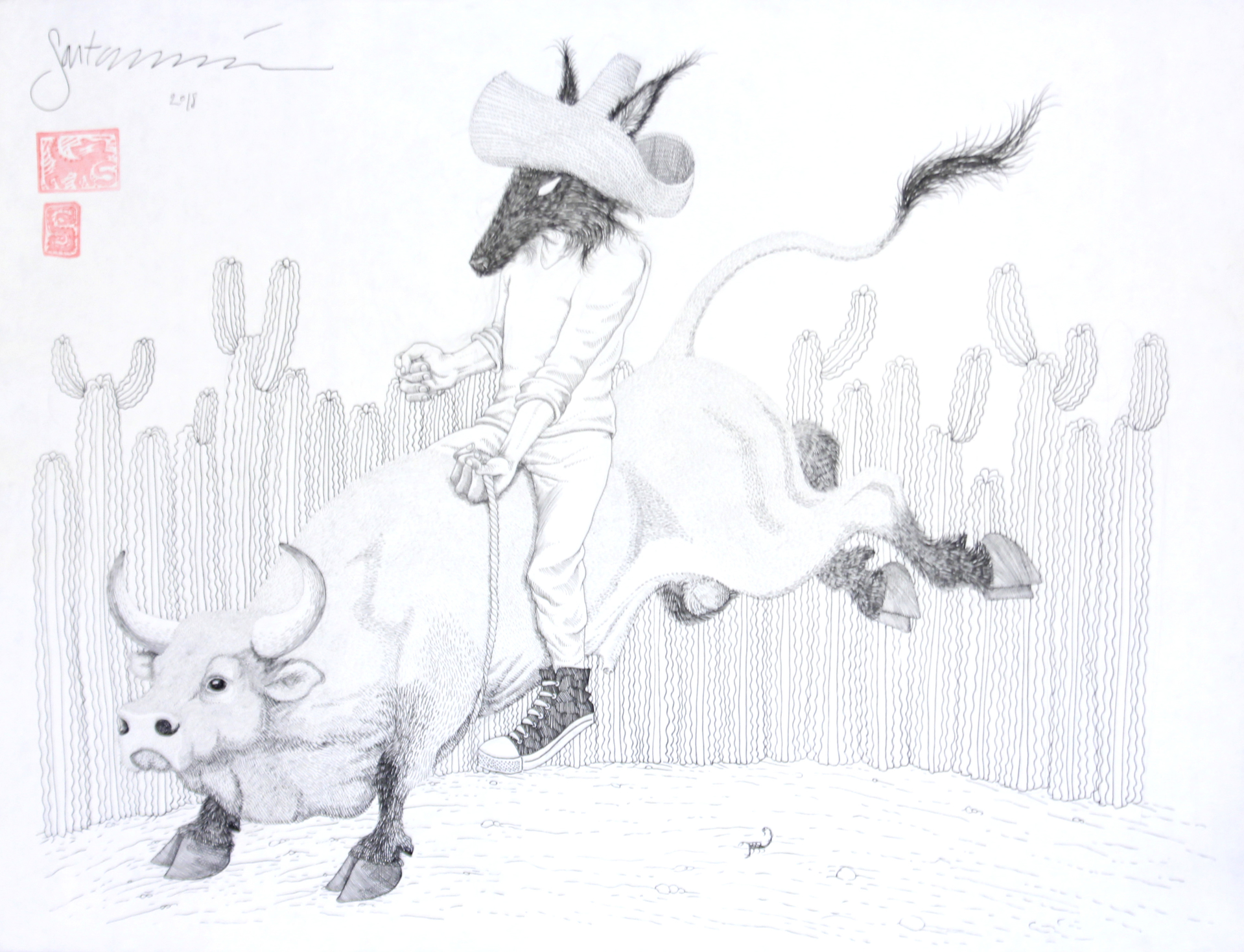 Los Nahuales (Coyote on Bull) by Sergio Sánchez Santamaría