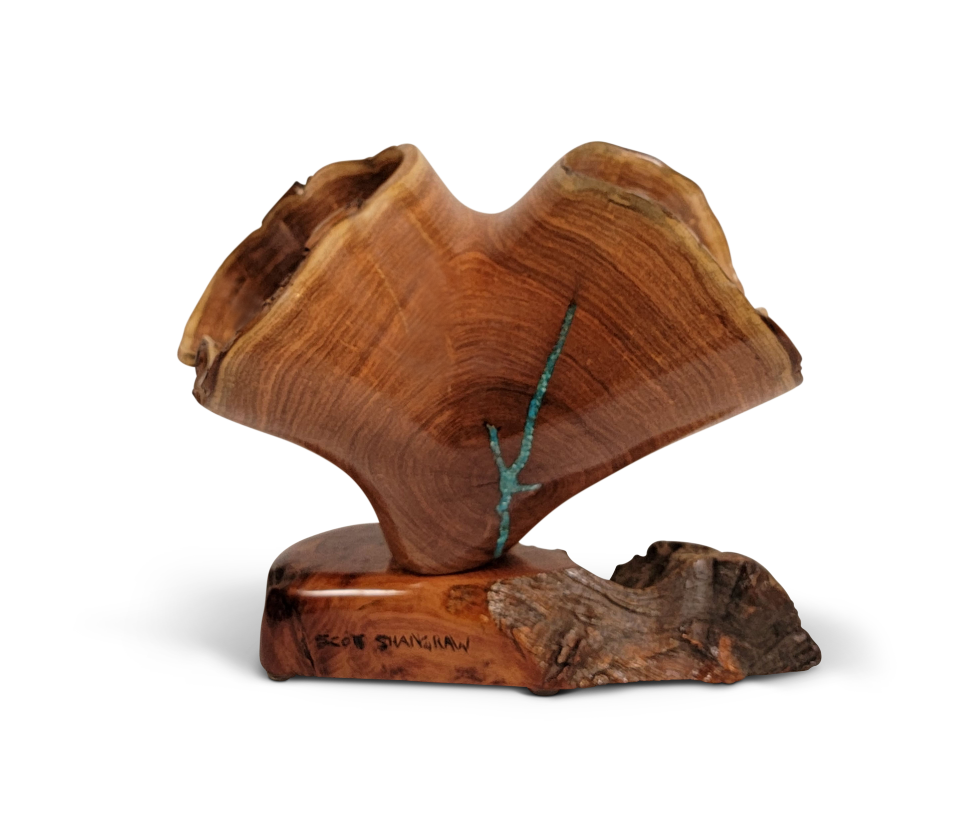 Wavy Sculpture on Base ~ Carved Wood with Turquoise Inlay by Scott & Stephanie Shangraw