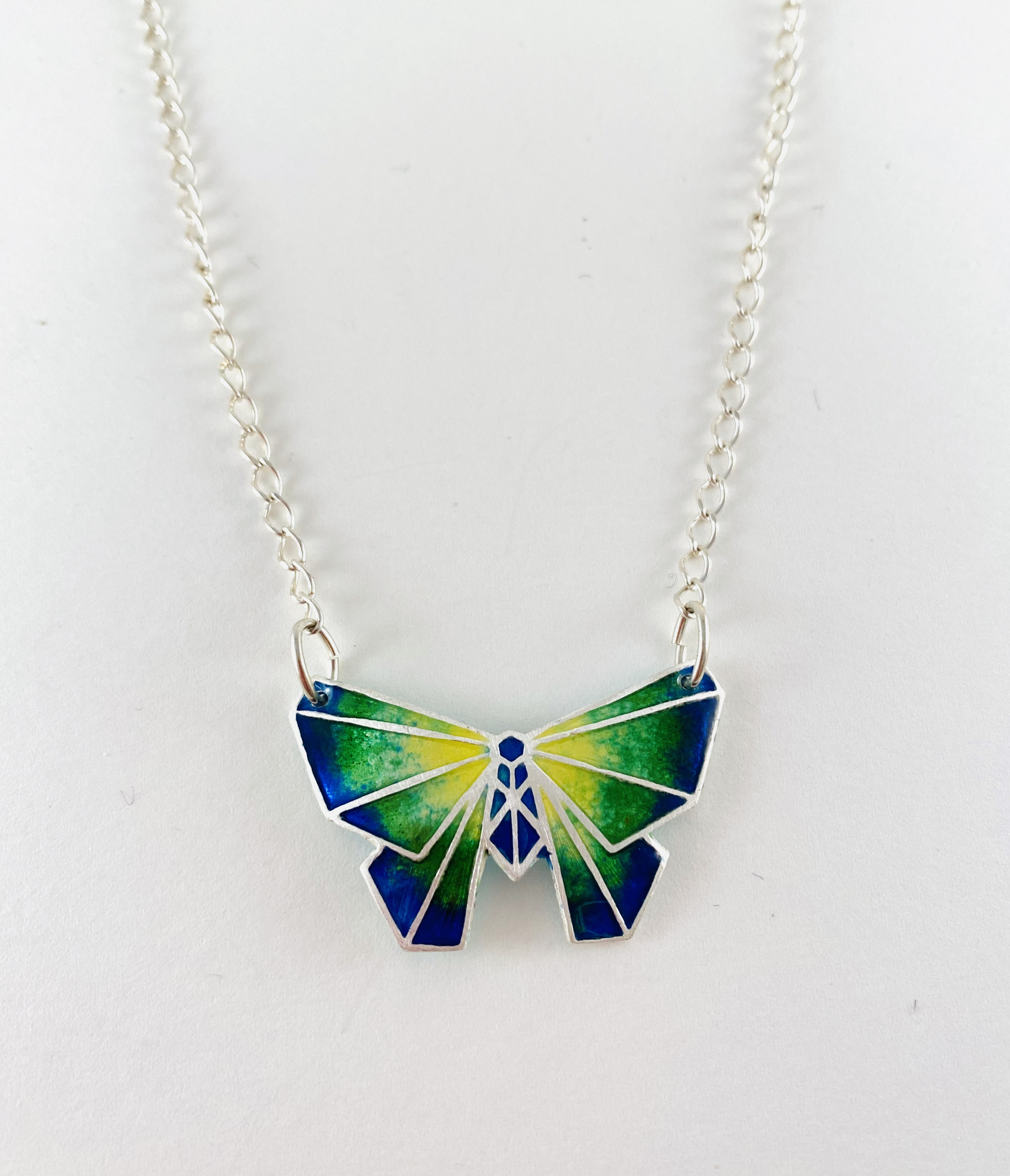 Champleve Butterfly Pendant, Silver 18" Chain Necklace by Karen Hakim