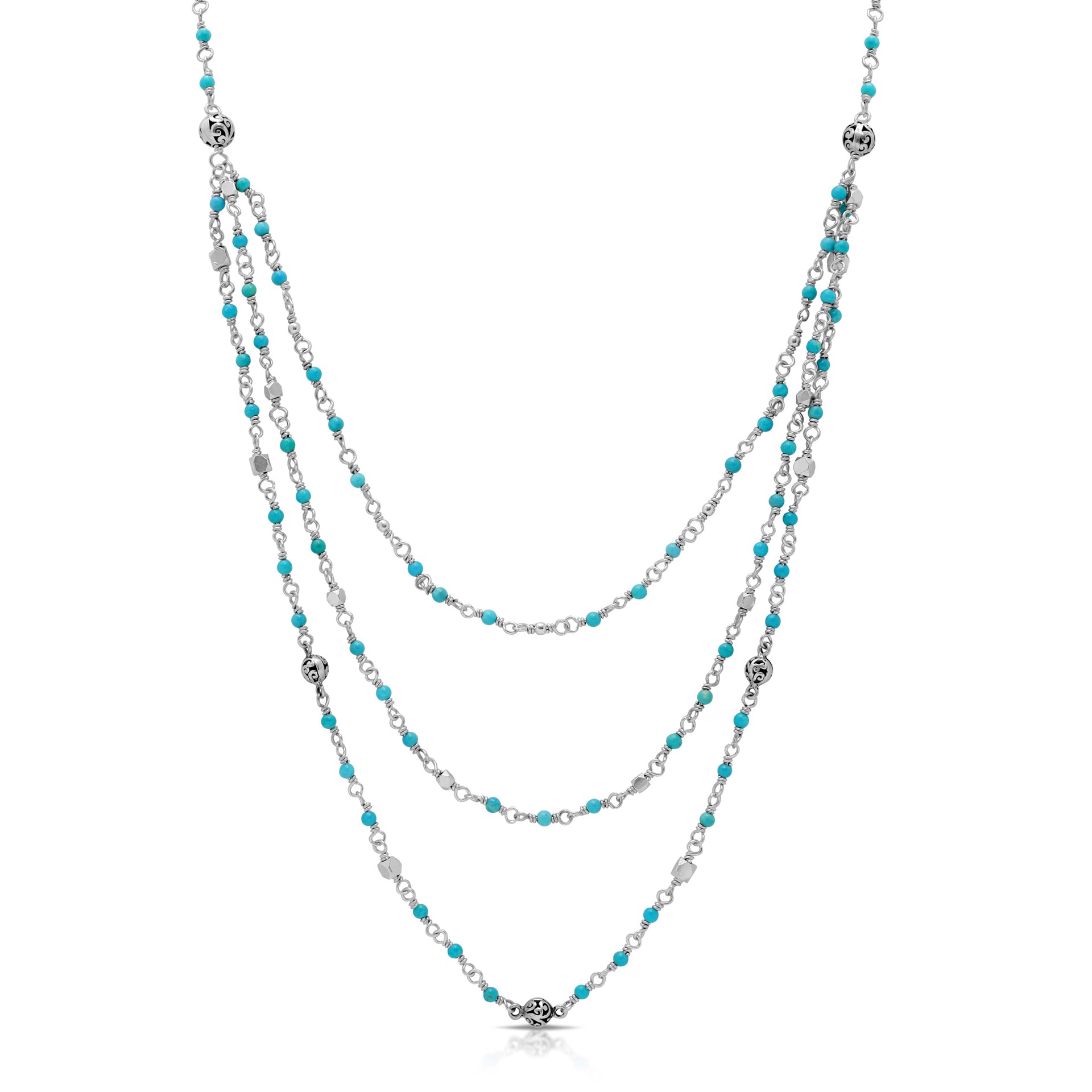 9650 Triple Strands Wire Wrapped Blue Turquoise Beads (2mm) Layered Necklace 16" by Lois Hill