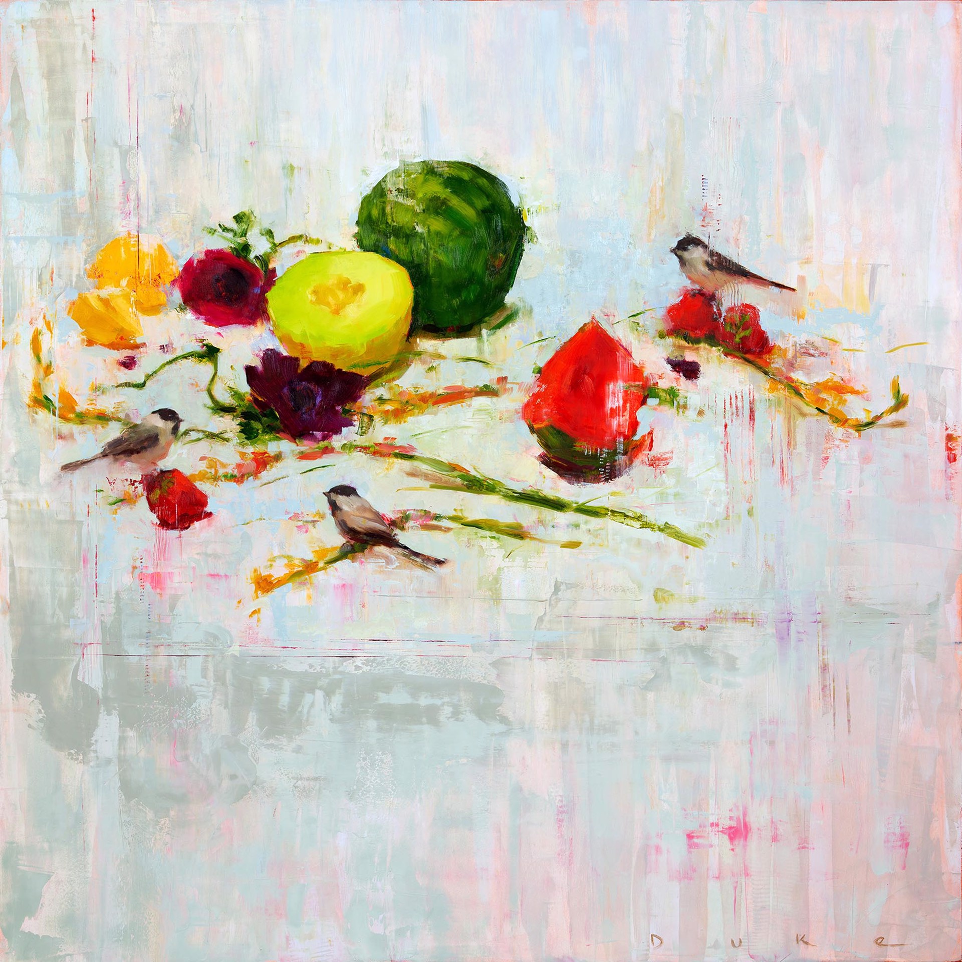 Original Contemporary Painting Of Chickadees With Fruit By Leslie Duke Available At Gallery Wild
